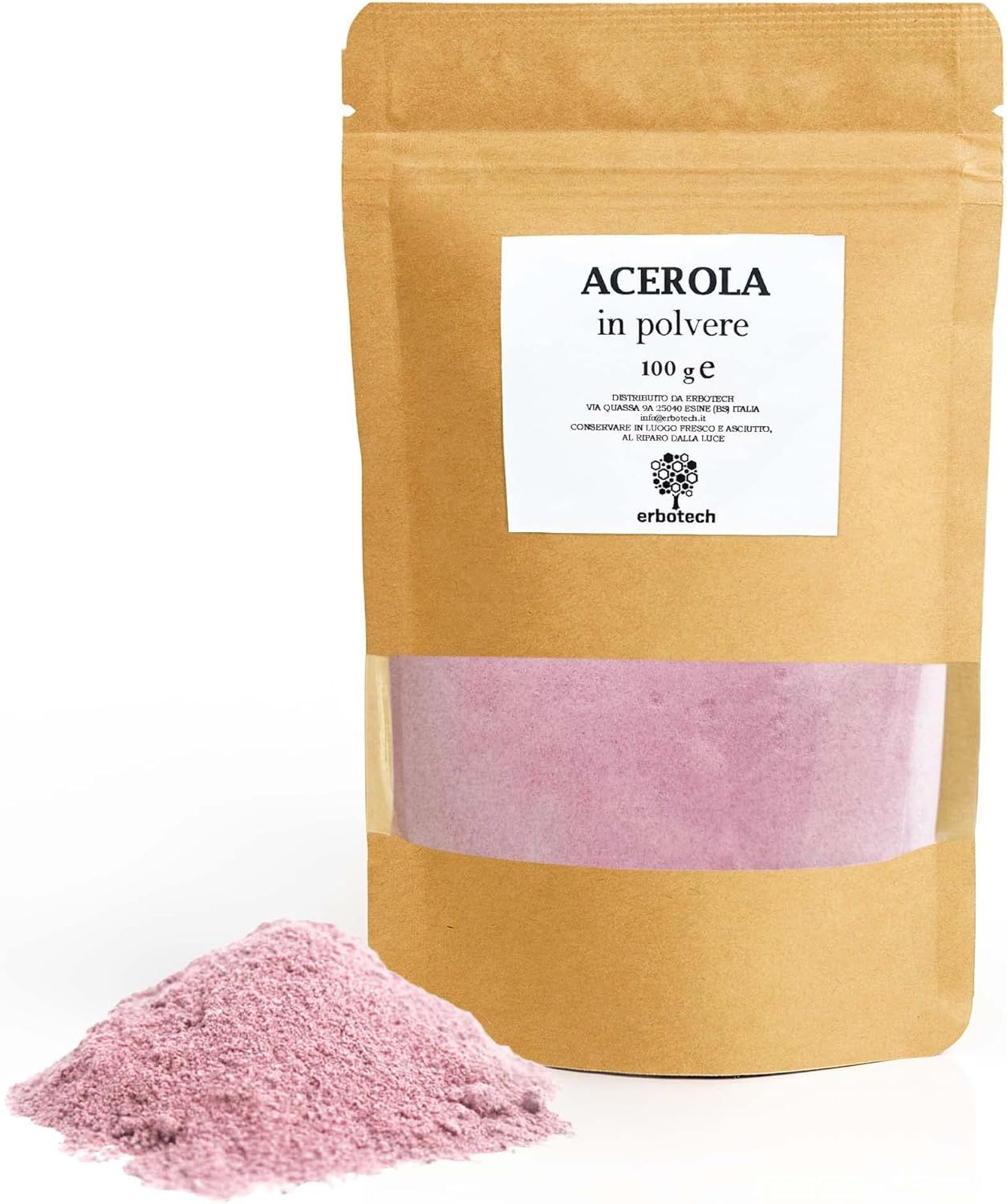 Beutel mit Acerola-Pulver. Sichtfenster mit rosa Inhalt. Aufschrift: Acerola in polvere, 100 g, erbotech.