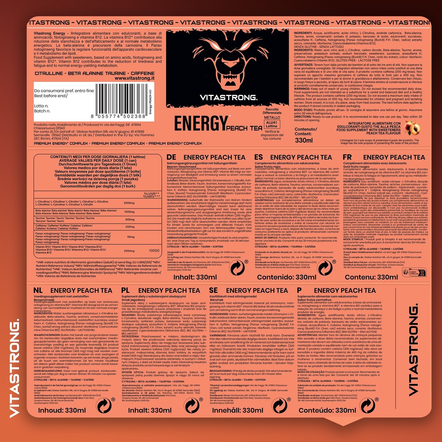 Vitastrong Energy Peach Tea. Rückseite der Verpackung mit Text in mehreren Sprachen.