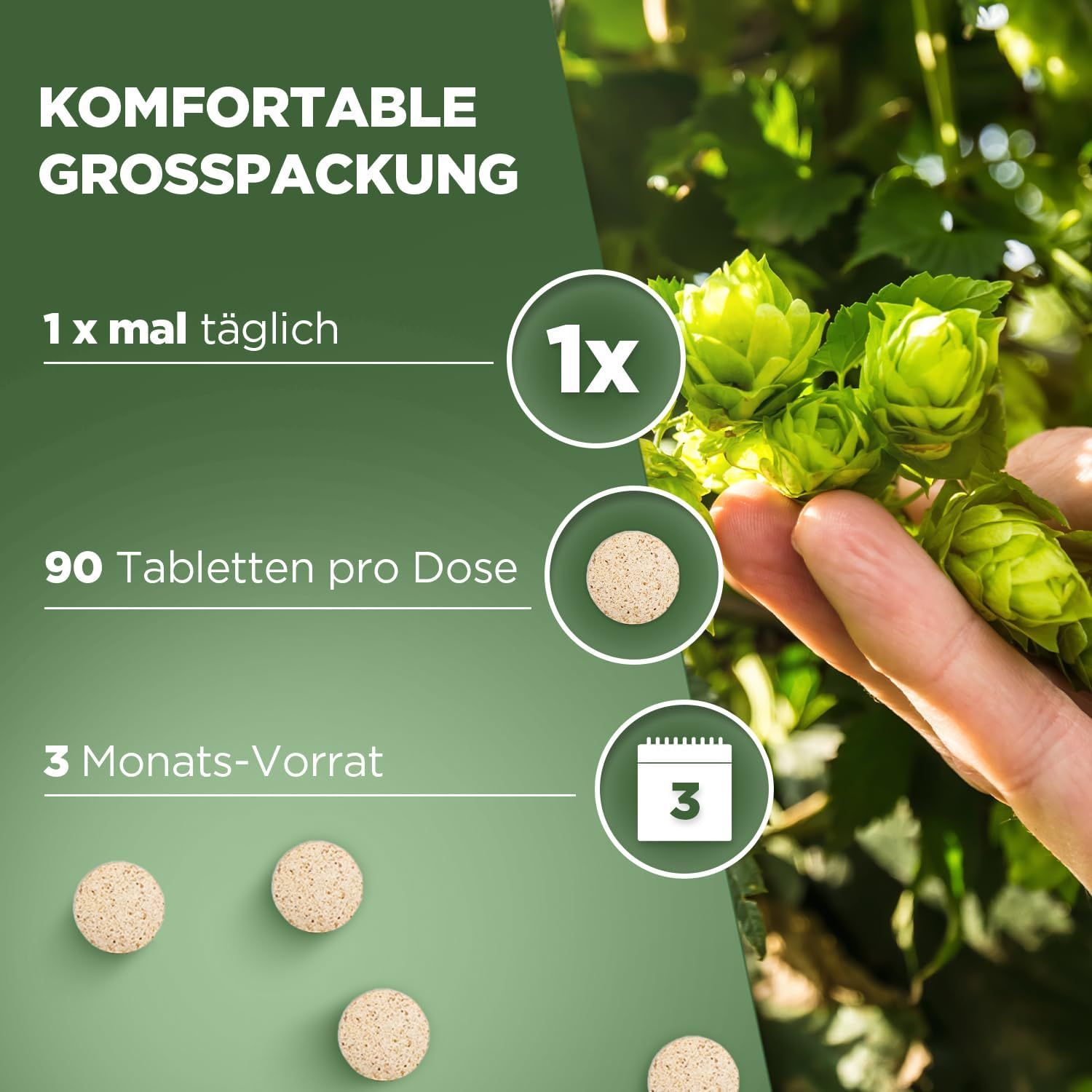 Text: Komfortable Großpackung. 1x mal täglich. 90 Tabletten pro Dose. 3 Monats-Vorrat. Abgebildet: Tabletten und grüne Blätter.