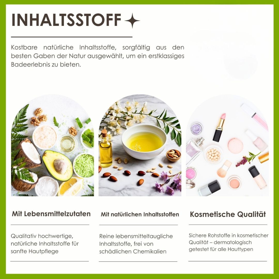 Inhaltsstoffe: Natürliche Inhaltsstoffe. Kokosnuss, Avocado, Mandel, etc. Text und Bilder. Kosmetische Qualität. Saboo Logo.