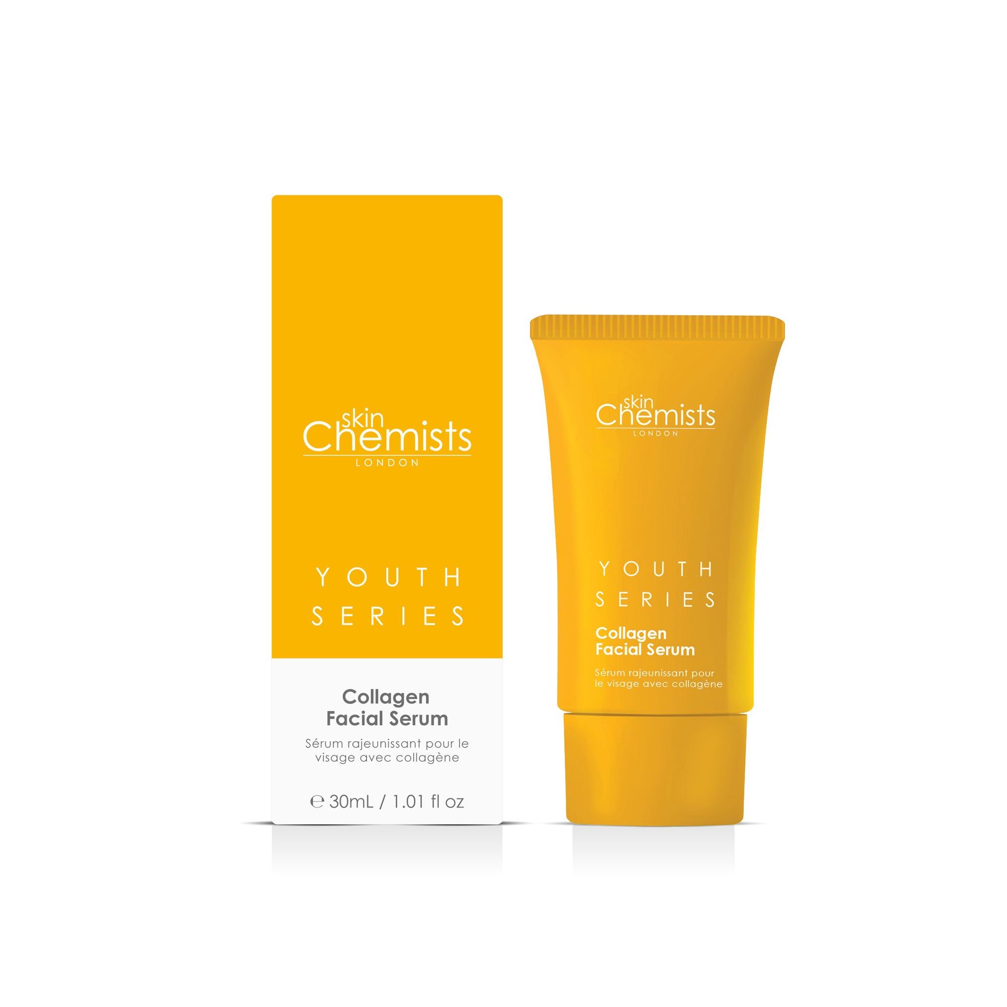 Gelbe Tube und Schachtel. Produktname: Collagen Facial Serum. Marke: skinChemists London. Volumen: 30ml/1.01 fl oz.