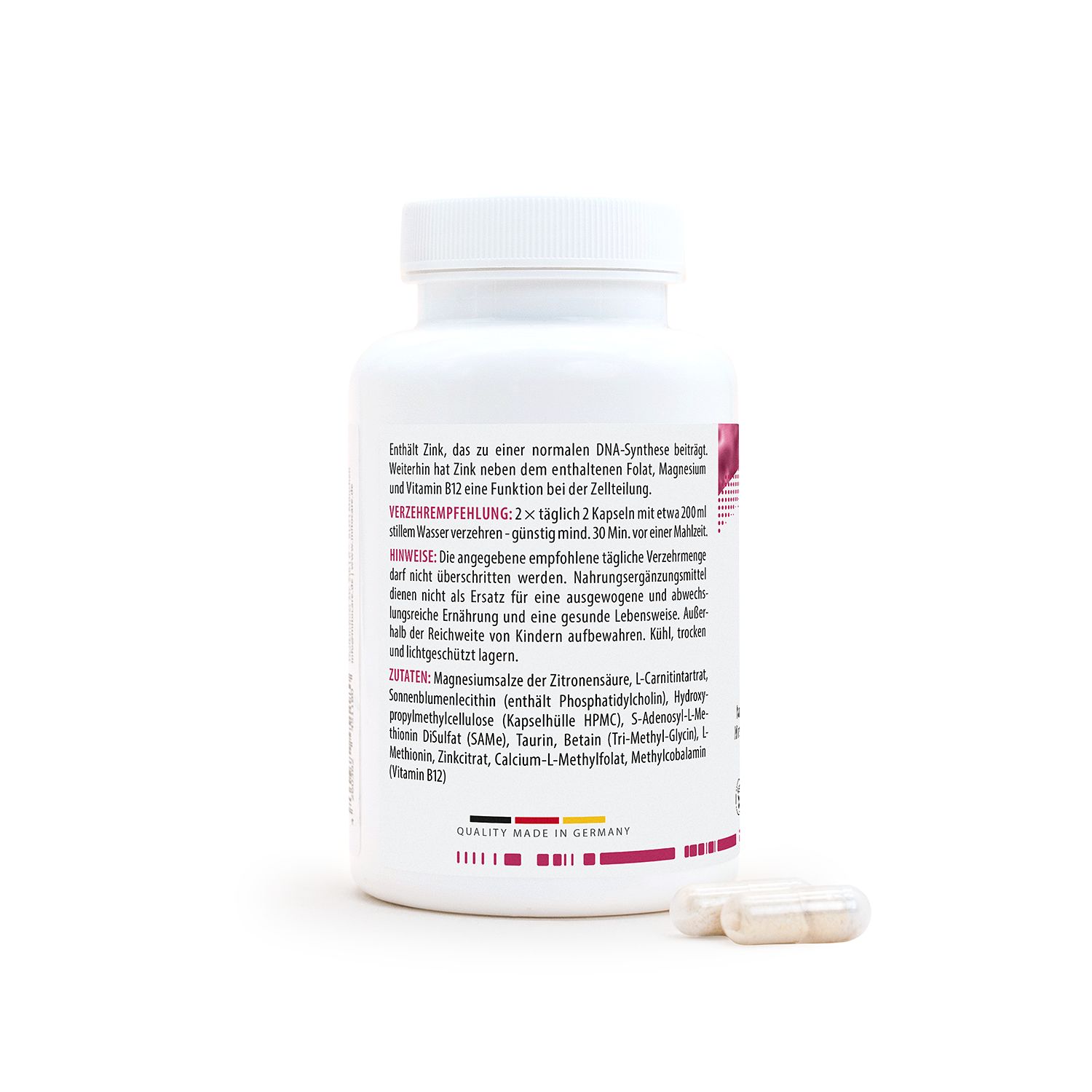 Rückseite der MITOcare Methylation Master Kapseldose mit Anwendungshinweisen.