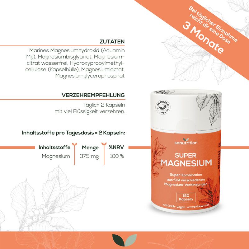 Produktabbildung und Infografik. Dose mit Super Magnesium. Zutatenliste und Verzehrempfehlung. 180 Kapseln.