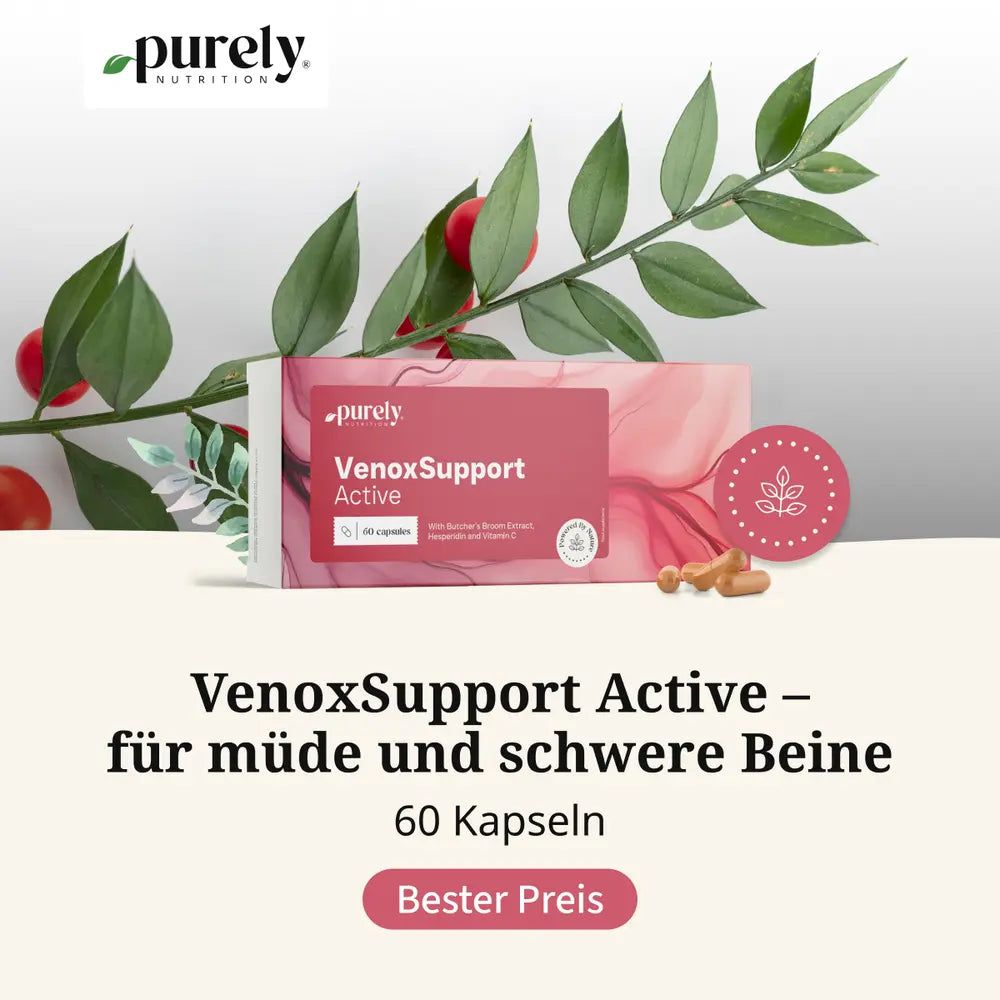 Drei Packungen Purely VenoxSupport Active mit Pflanzenmotiven auf rosa Hintergrund.