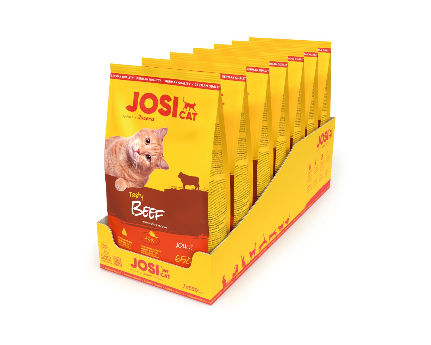 Mehrere gelbe Tüten Katzenfutter in einem gelben Karton. Aufdruck: JosiCat, Katze, Rind, 650g.