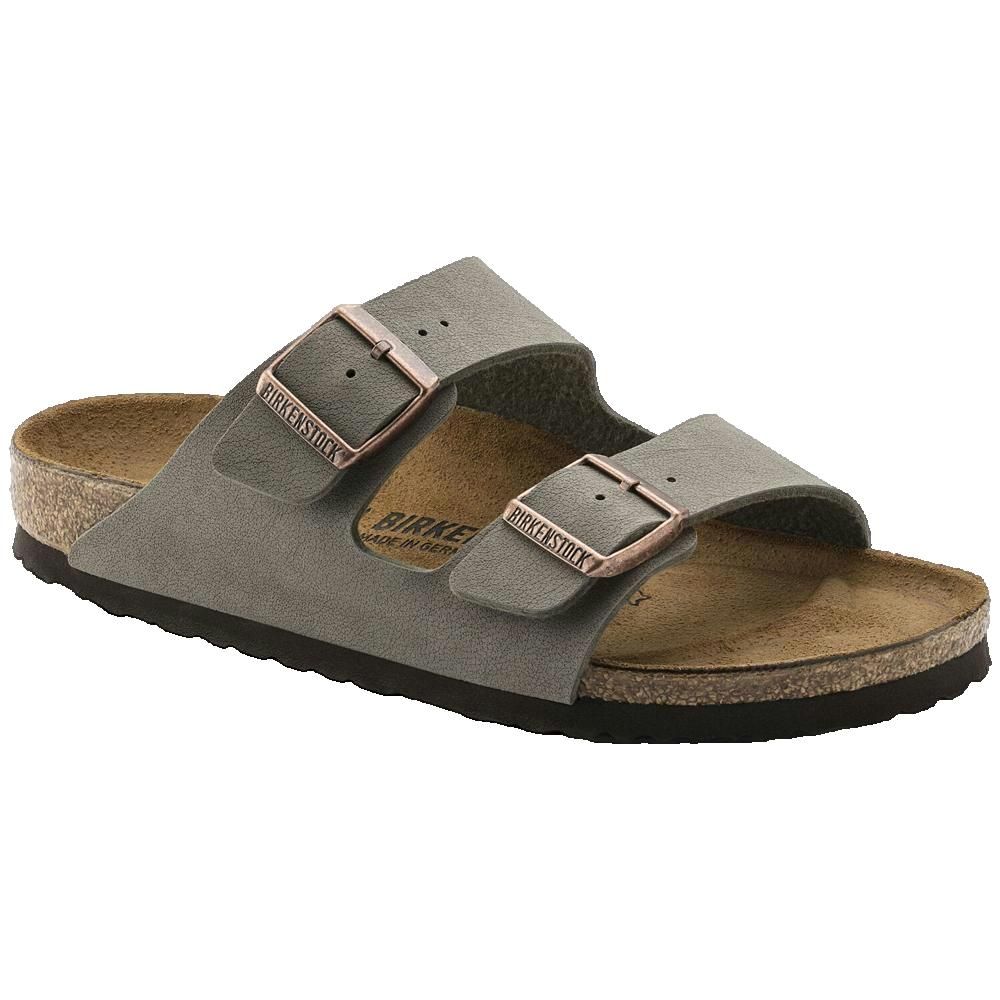 Sandali grigi con due cinturini e fibbie. Plantare in sughero, suola nera. Marchio Birkenstock.