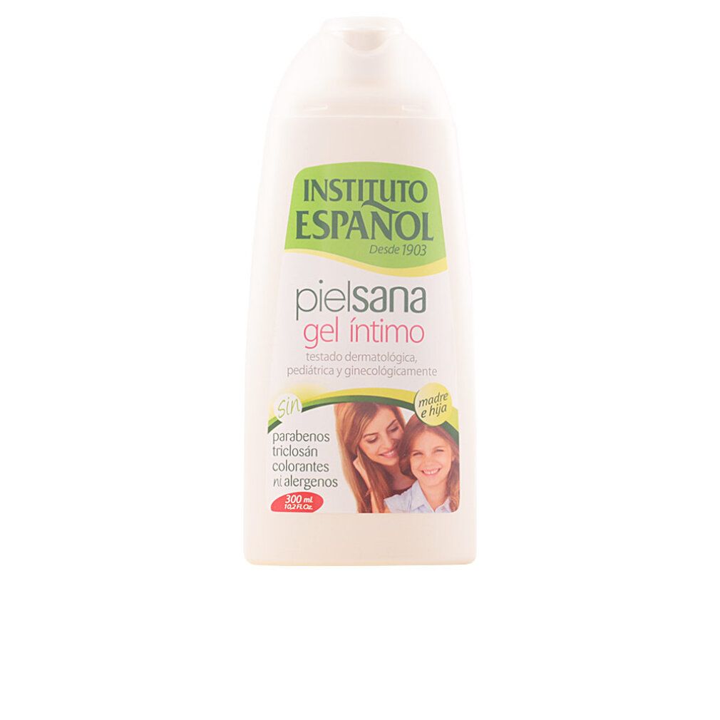 Weißliche Flasche mit grünem Etikett. Aufschrift: Instituto Español, pielsana gel íntimo. Bild von Mutter und Kind. 200 ml.