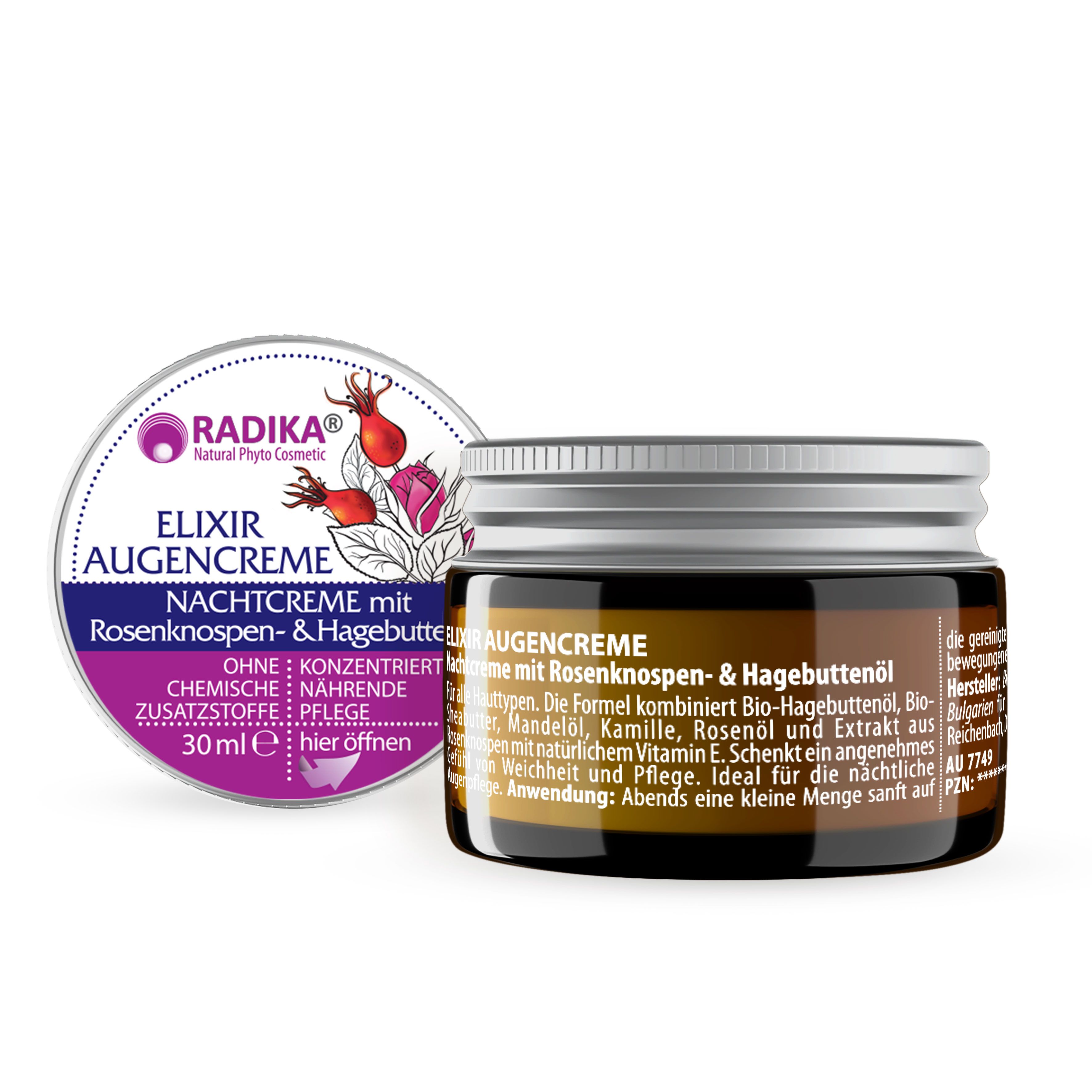 Augencreme-Tiegel und Deckel. Aufschrift: Elixir Augencreme Nachtcreme mit Rosenknospen- & Hagebuttenöl. Marke: Radika.