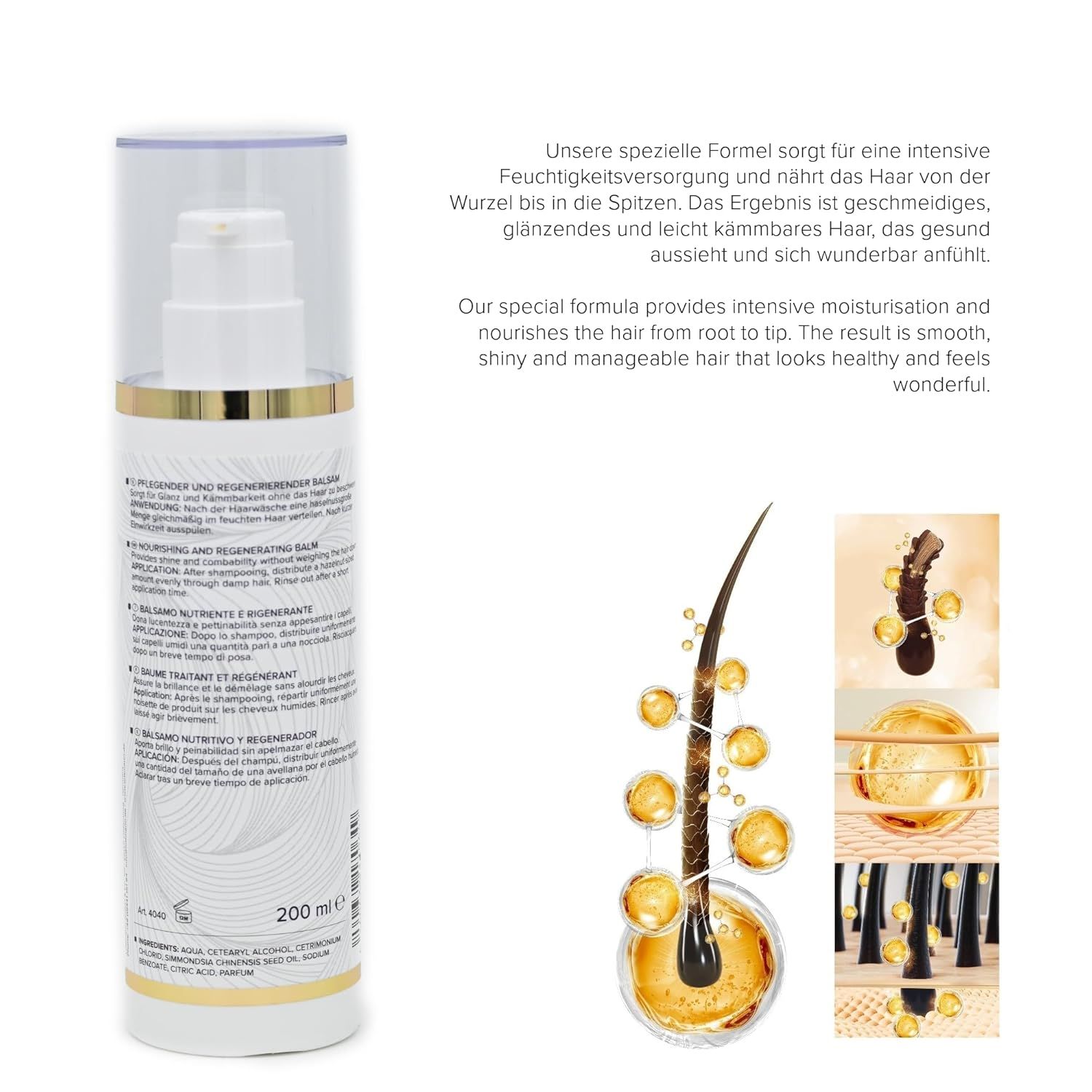 Behälter mit Balsam und Text. Grafische Darstellung von Haaren und Öltropfen. Zusätzlicher Text.