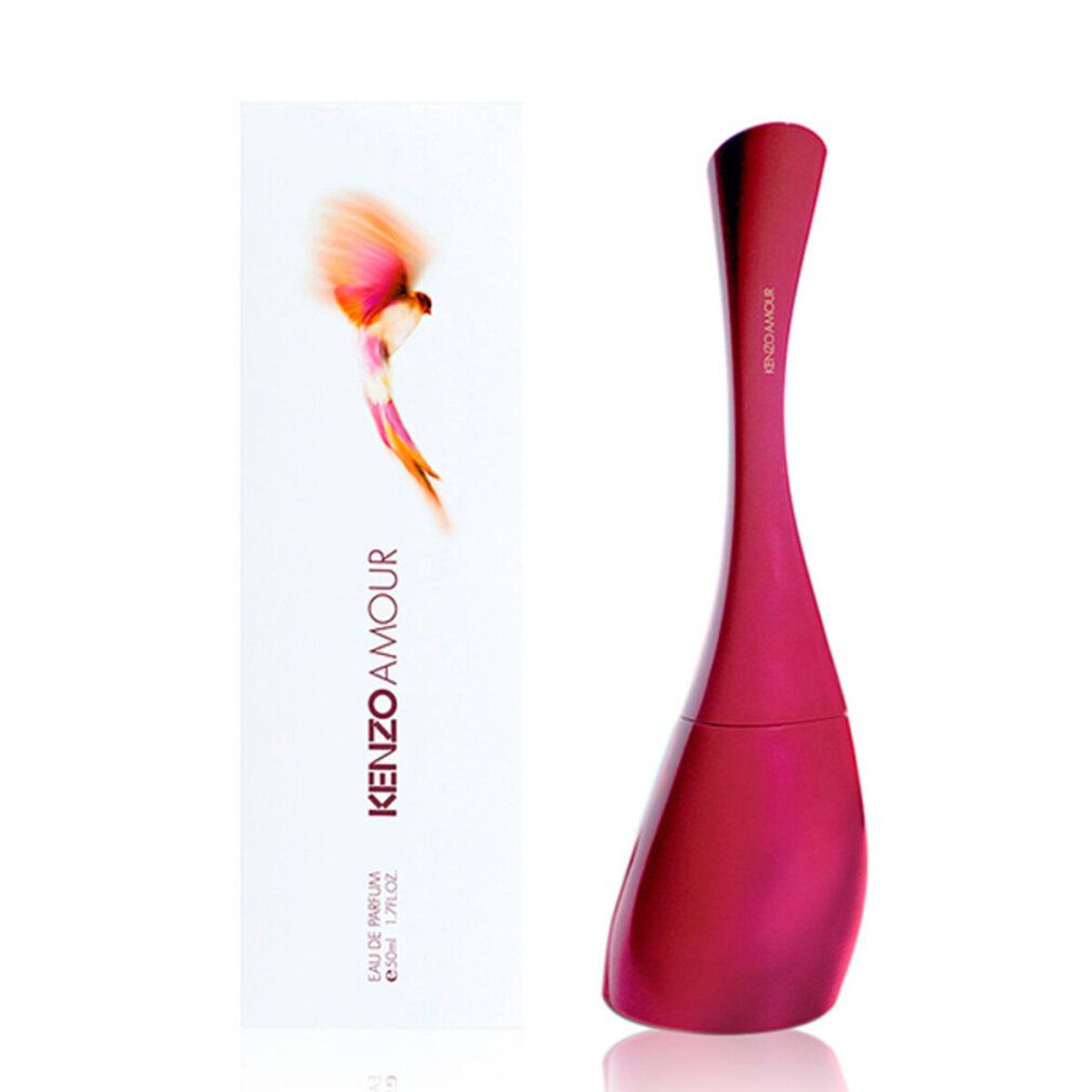 Kenzo Amour Eau de Parfum Spray Flasche und Verpackung. Die Flasche ist rot, die Verpackung weiß mit Logo und Vogel-Illustration.