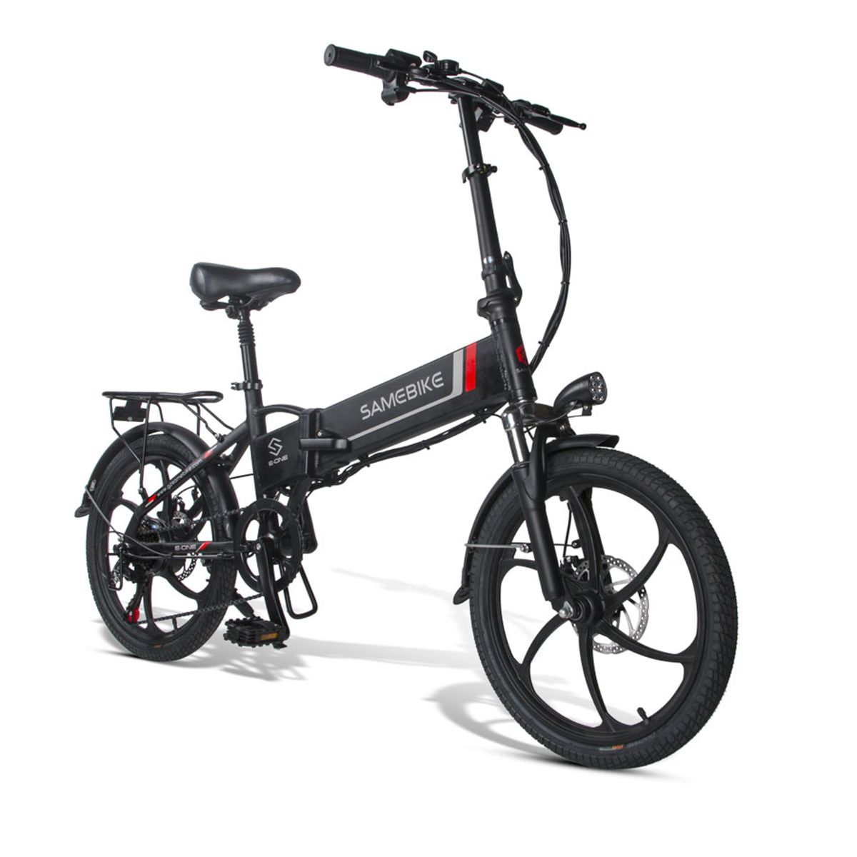 Schwarzes Elektrofahrrad SAMEBIKE 20LVXD30. Sichtbar: Rahmen, Räder, Sattel, Gepäckträger, Scheinwerfer, Bremsen.
