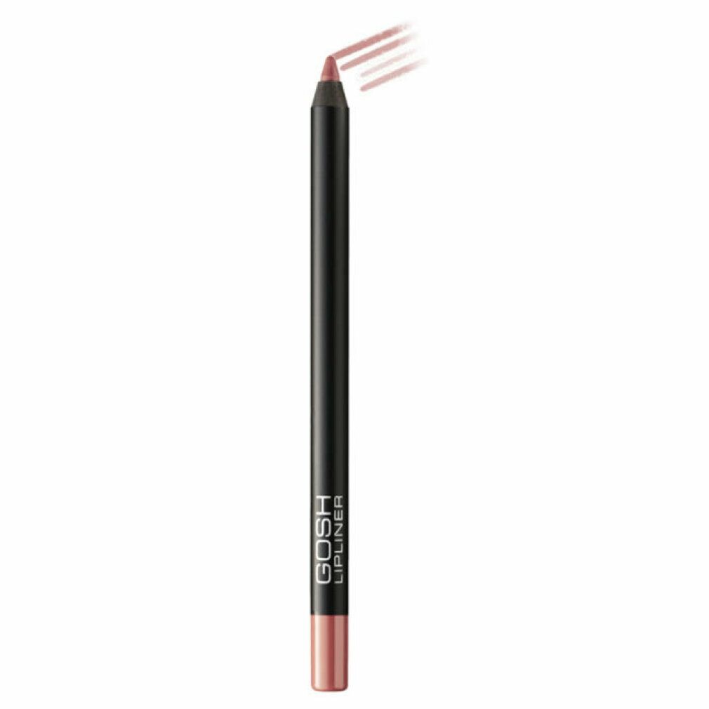 GOSH Lipliner, rosa. Schwarzer Stift mit rosafarbener Spitze und Farbabstrich. Marke und Produktname sichtbar.
