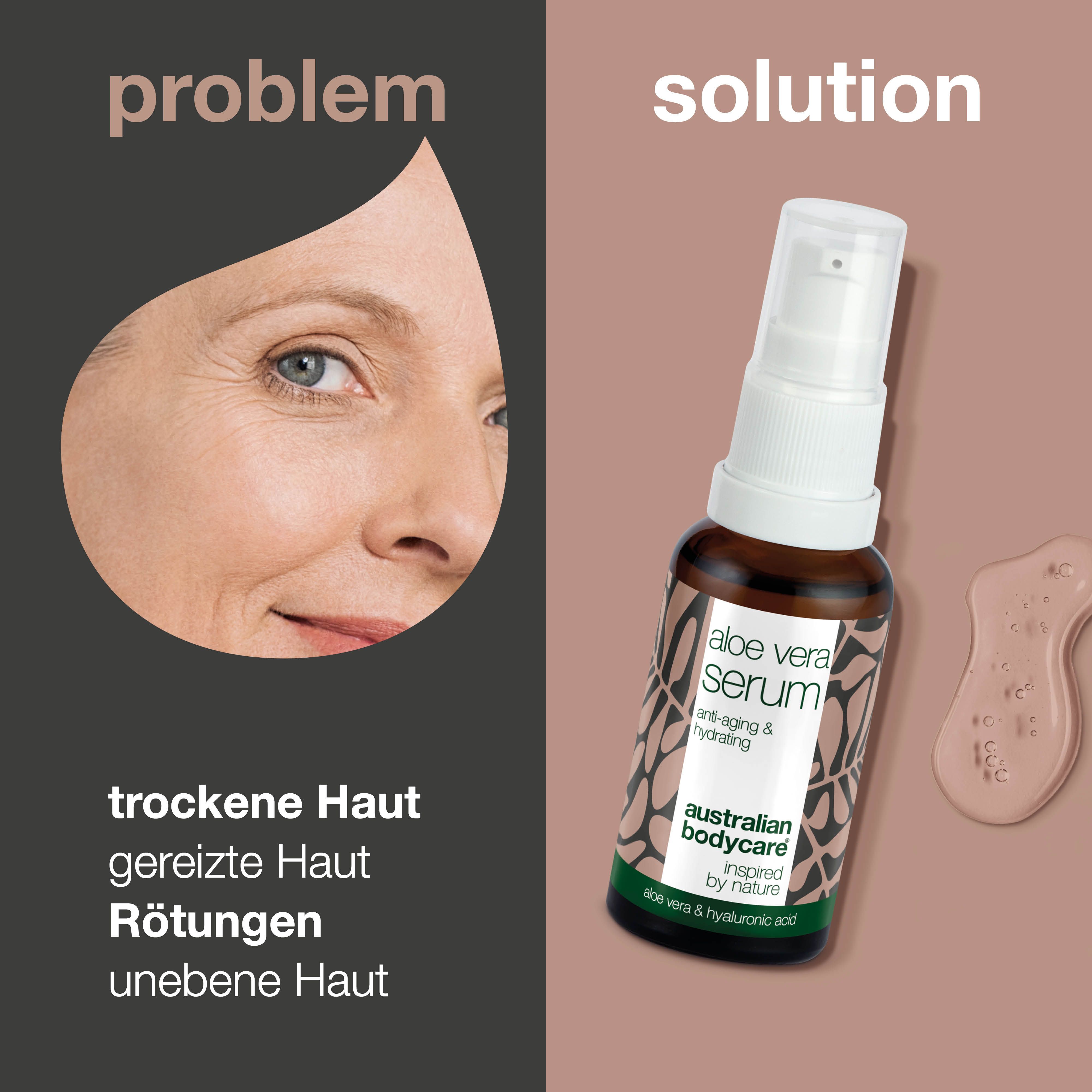 Gesicht mit Falten. Daneben Flasche Serum. Text: Problem, Lösung. Produktname: Australian Bodycare Aloe Vera Serum.