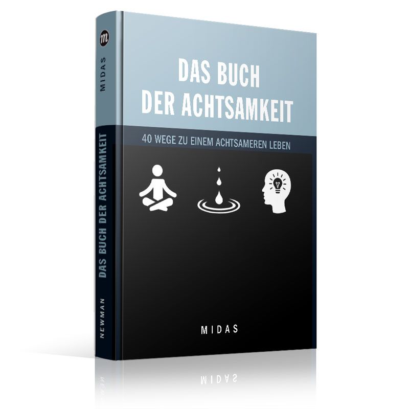Buch mit dem Titel "Das Buch der Achtsamkeit". Schwarzer Einband, blaue obere Hälfte. Logo und Text in Weiß.