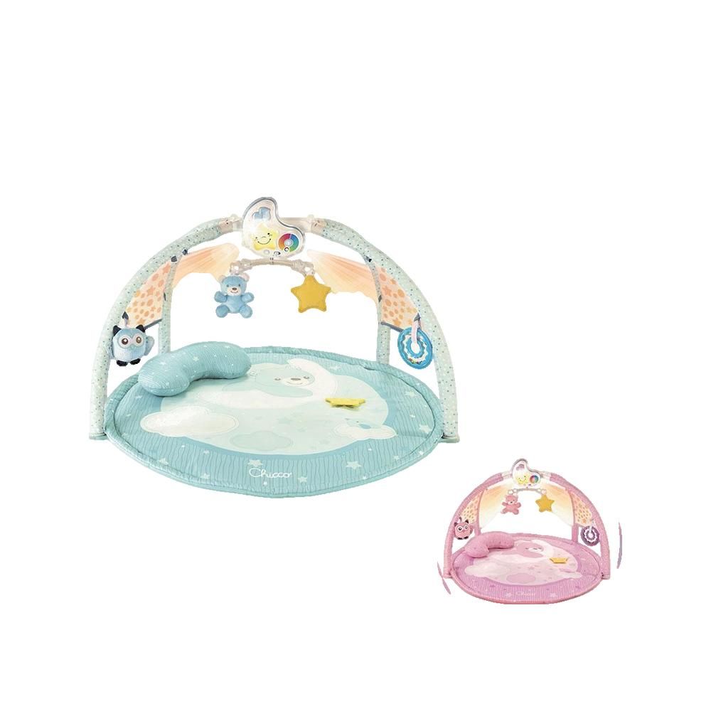 Baby-Spielmatte mit blauem Bogen, Spielzeug und kleinerer rosa Variante. Runde Matte mit Sternenmuster.