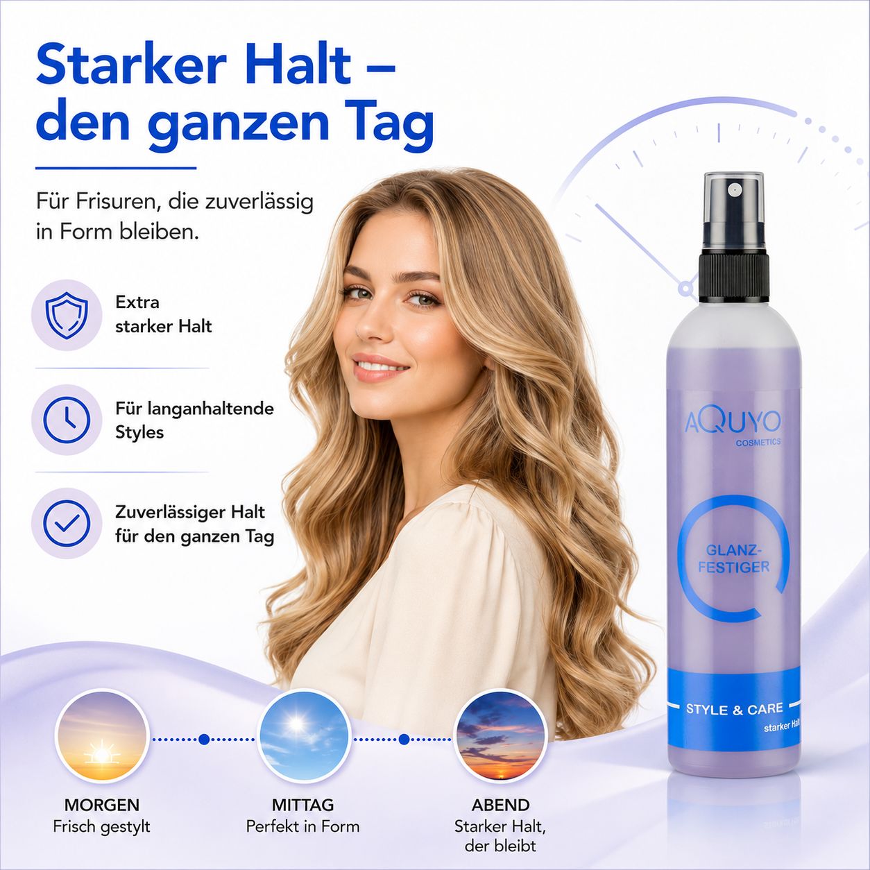 Frau mit voluminösem Haar neben einer Flasche Haarfestiger, die starken Halt verspricht.