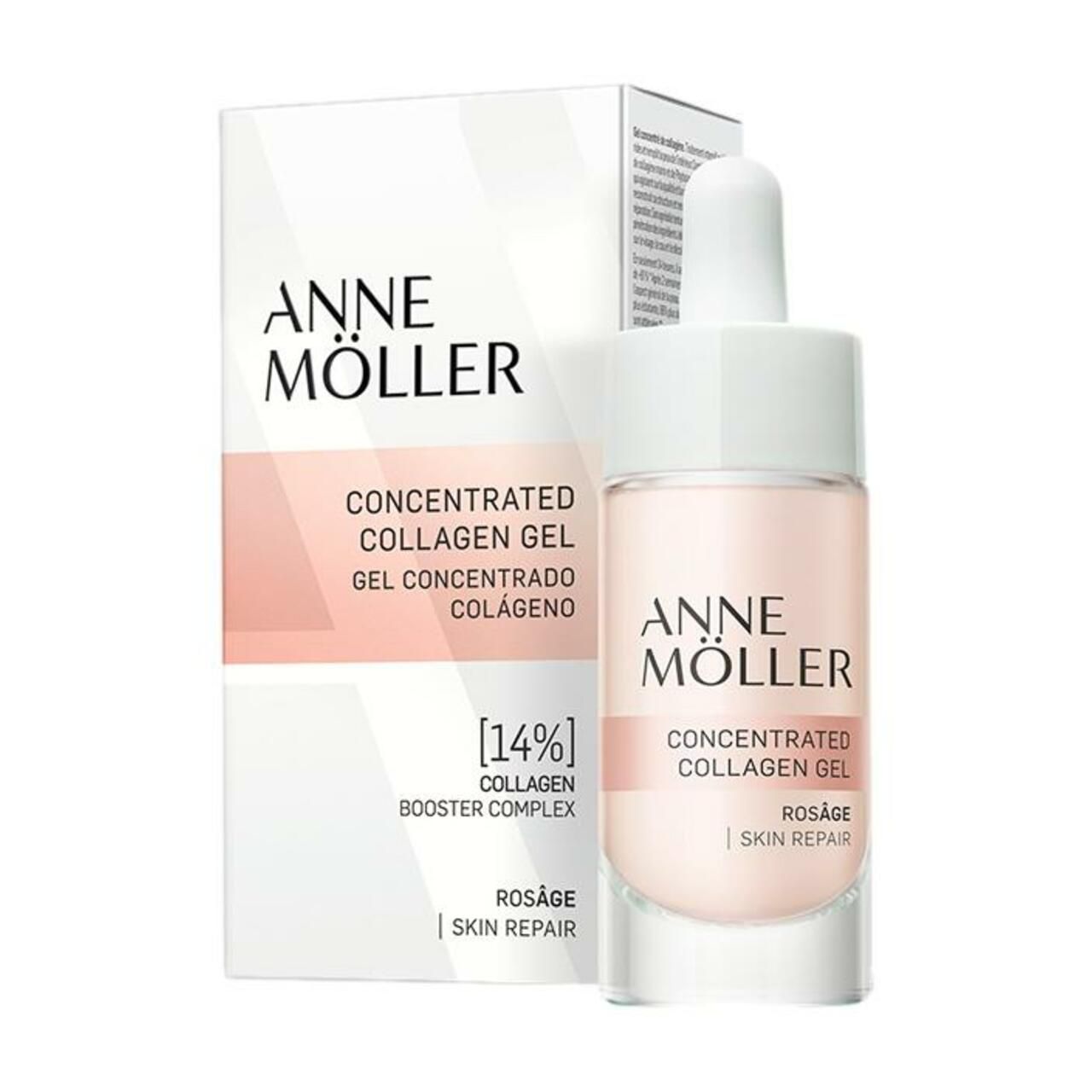 Anne Möller Rosâge Collagen Concentrated Gel. Produkt mit Verpackung. Flasche mit Pipette neben Karton. Text und Logo.
