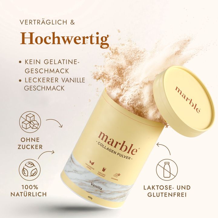 Beige Dose "marble" Collagen Pulver Vanilla. Dose geöffnet. Text: Ohne Zucker, Laktose- und glutenfrei. 100% natürlich.