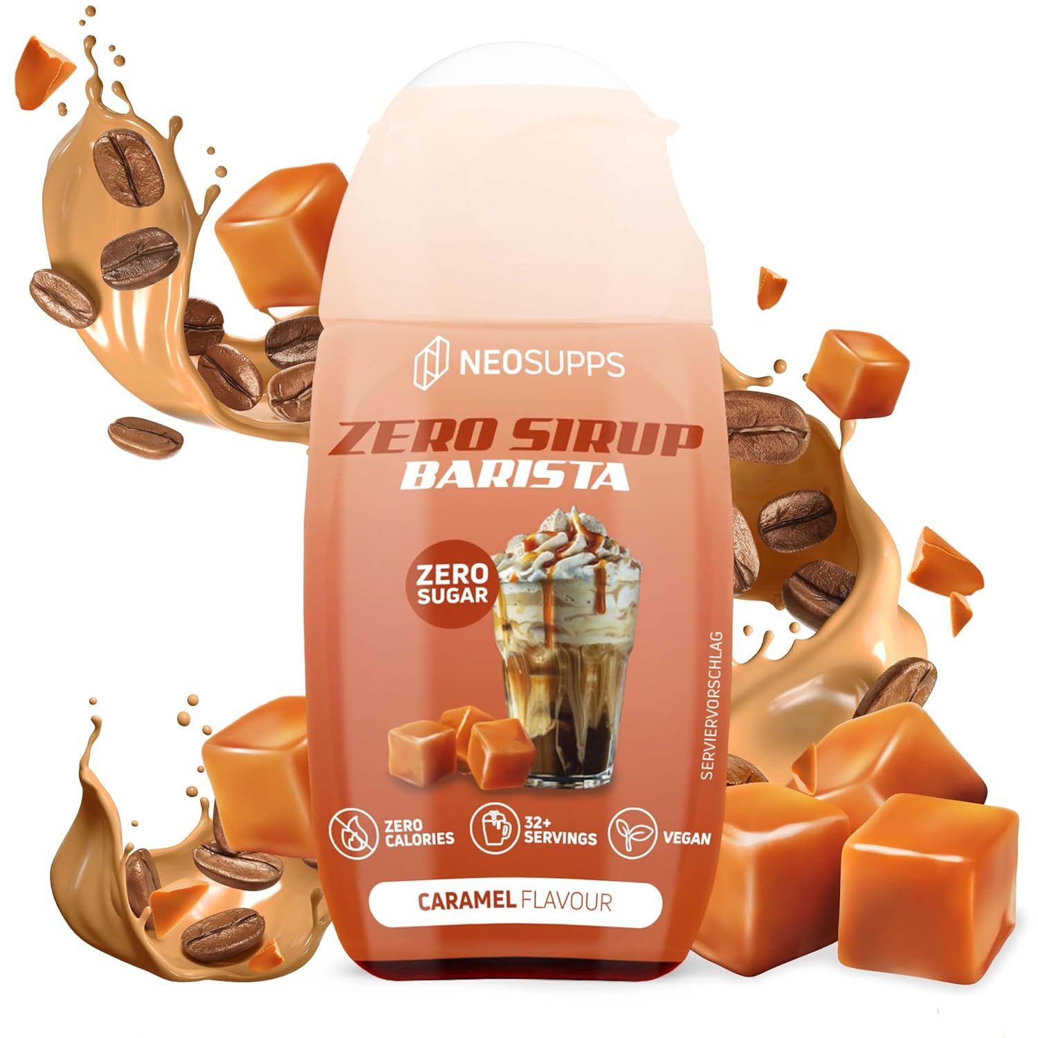 Flasche Neosupps Zero Sirup Barista, Caramel Flavour. Abbildung: Kaffee mit Karamellbonbons und Kaffeebohnen.