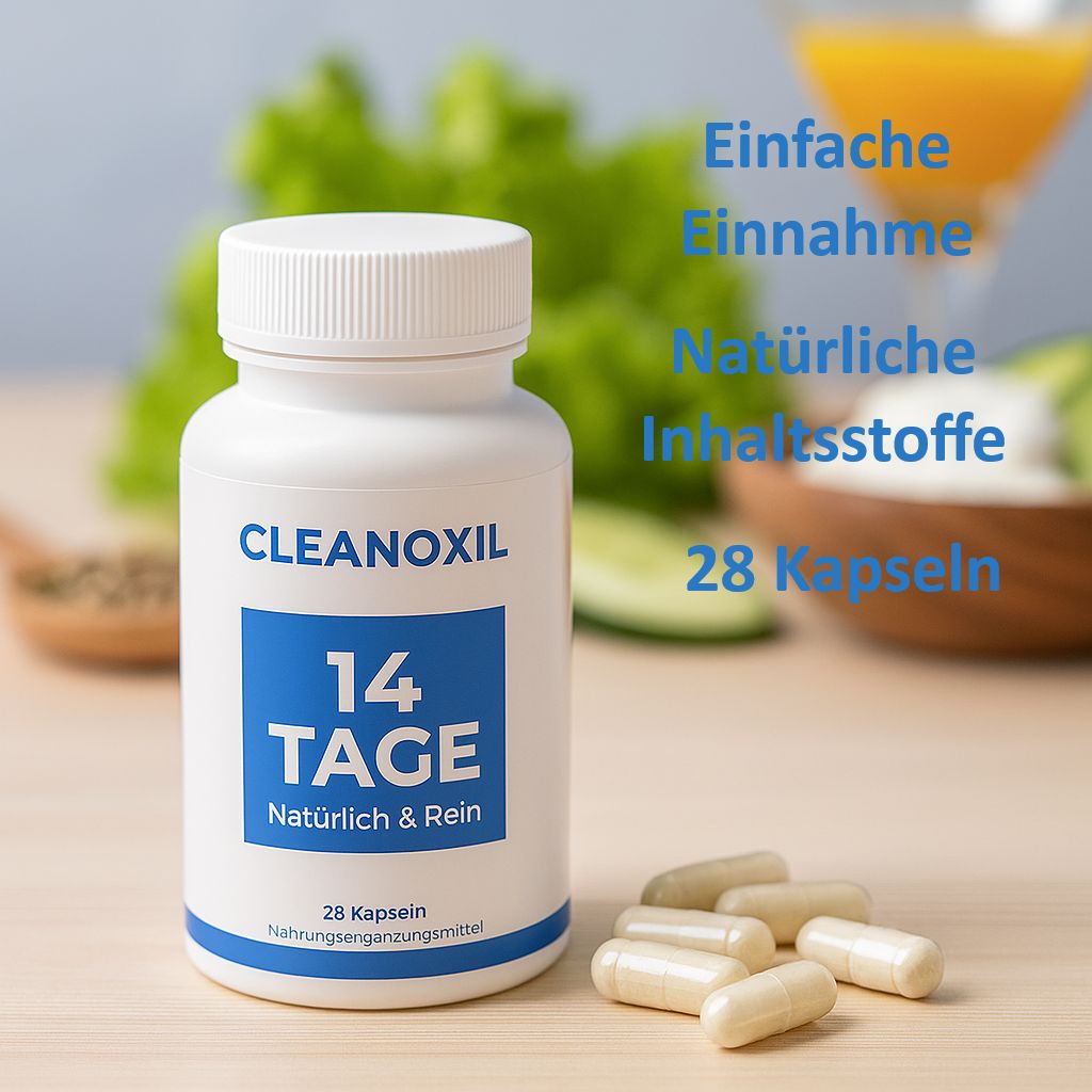 Weiße Kapsel-Dose mit blauem Etikett. CLEANOXIL, 14 TAGE, Natürlich & Rein. 28 Kapseln. Daneben liegen Kapseln.