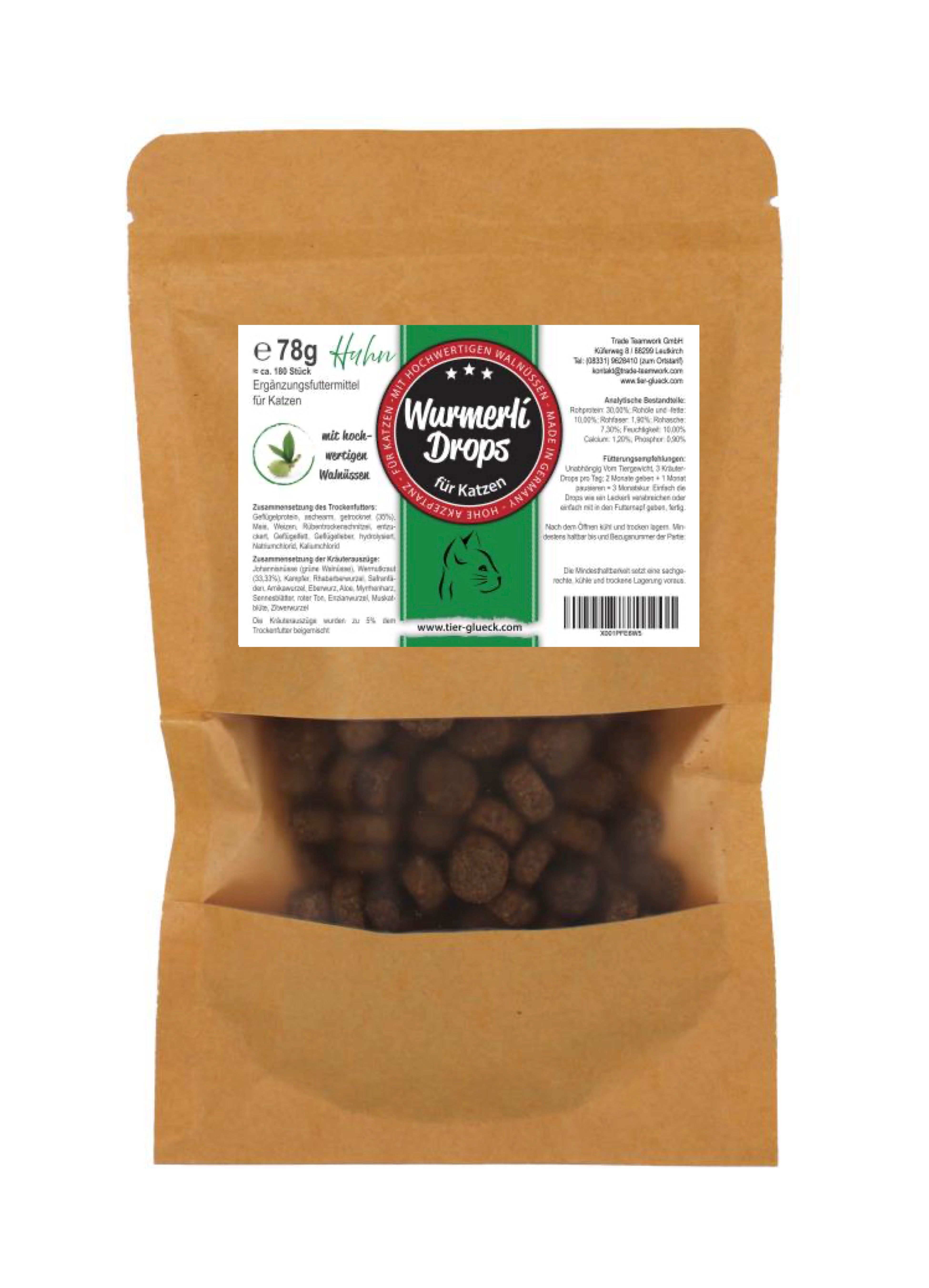 Beutel TierGlück Wurmerli Drops für Katzen. Braune Papierverpackung mit Sichtfenster. Drops sichtbar.