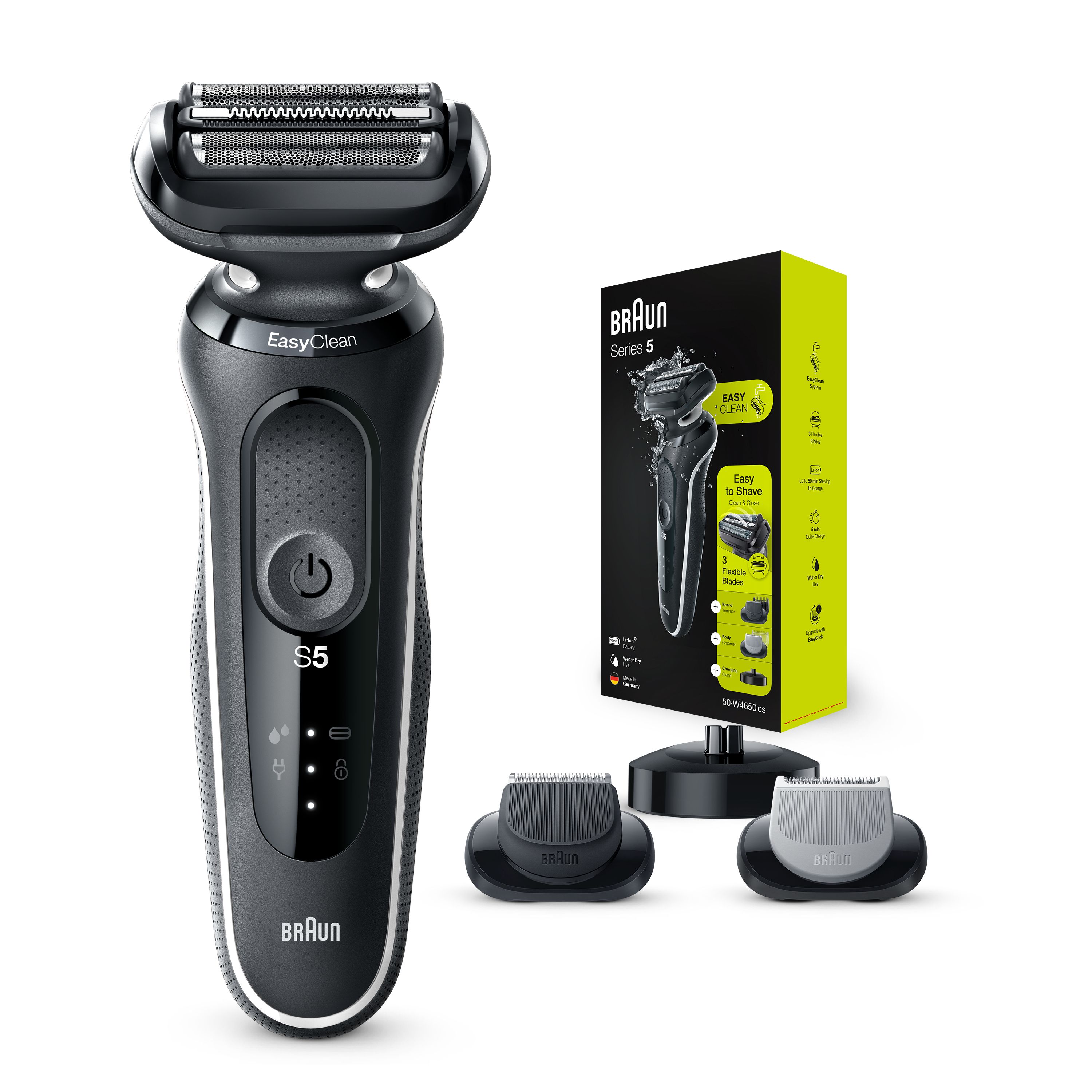 Elektrorasierer Braun Series 5, schwarz, mit Zubehör. Rasierer, Reinigungsbürste, Aufsätze und Ladestation. Produktabbildung.