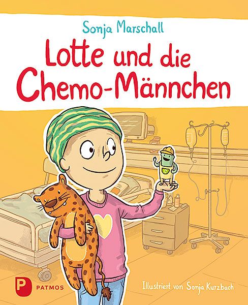 Buchcover: Lotte und die Chemo-Männchen. Kind mit Kuscheltier und Figur in Krankenhauszimmer. Patmos-Logo.