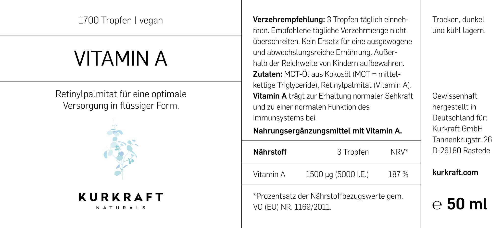 Etikett einer Vitamin A-Flasche. Angaben: 1700 Tropfen, vegan, Vitamin A, 50 ml, 3 Tropfen täglich, 1500 µg Vitamin A.