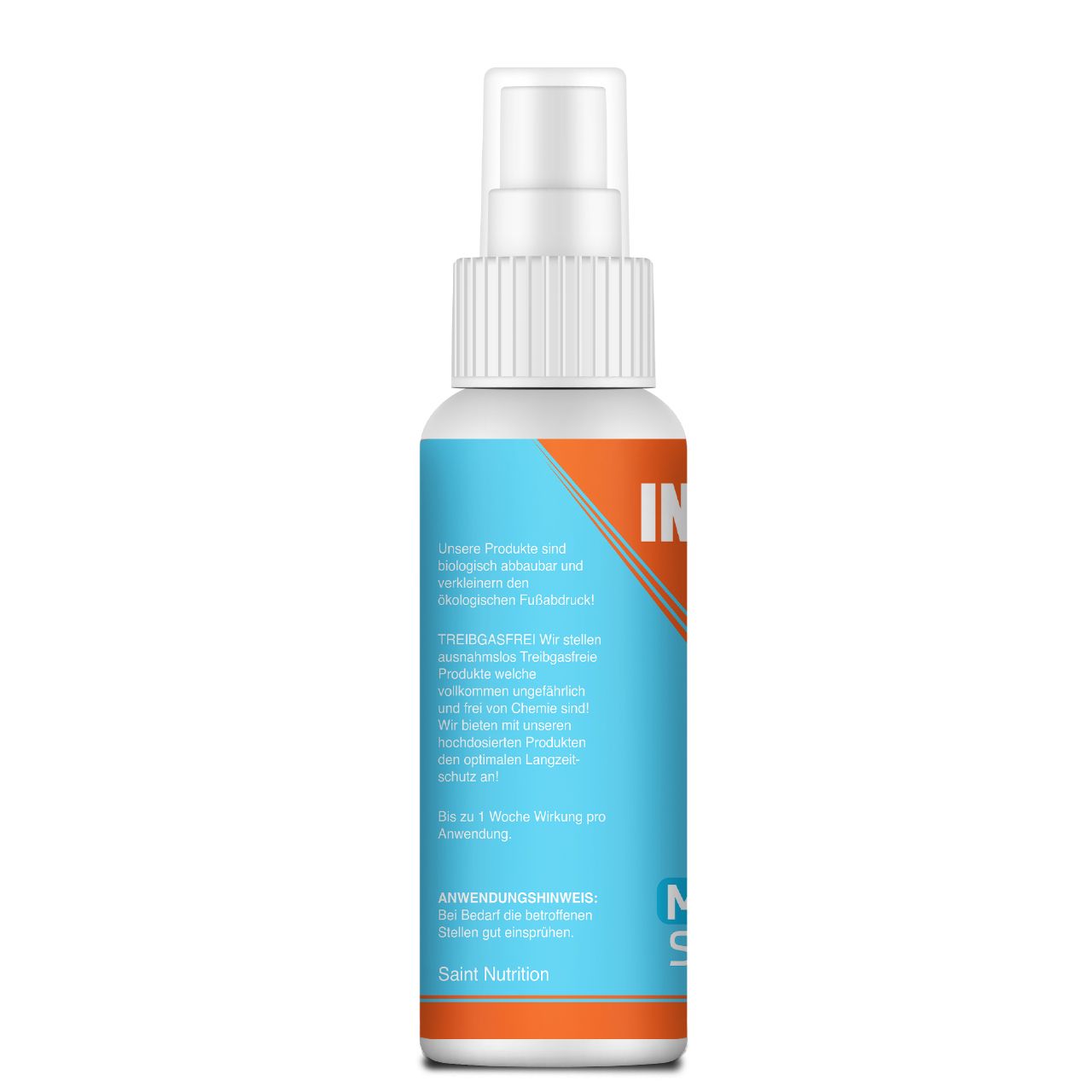 Rückseite einer weißen Sprühflasche. Text: INTRAVET, Anwendungshinweis, Saint Nutrition. Türkis-orangefarbenes Etikett.