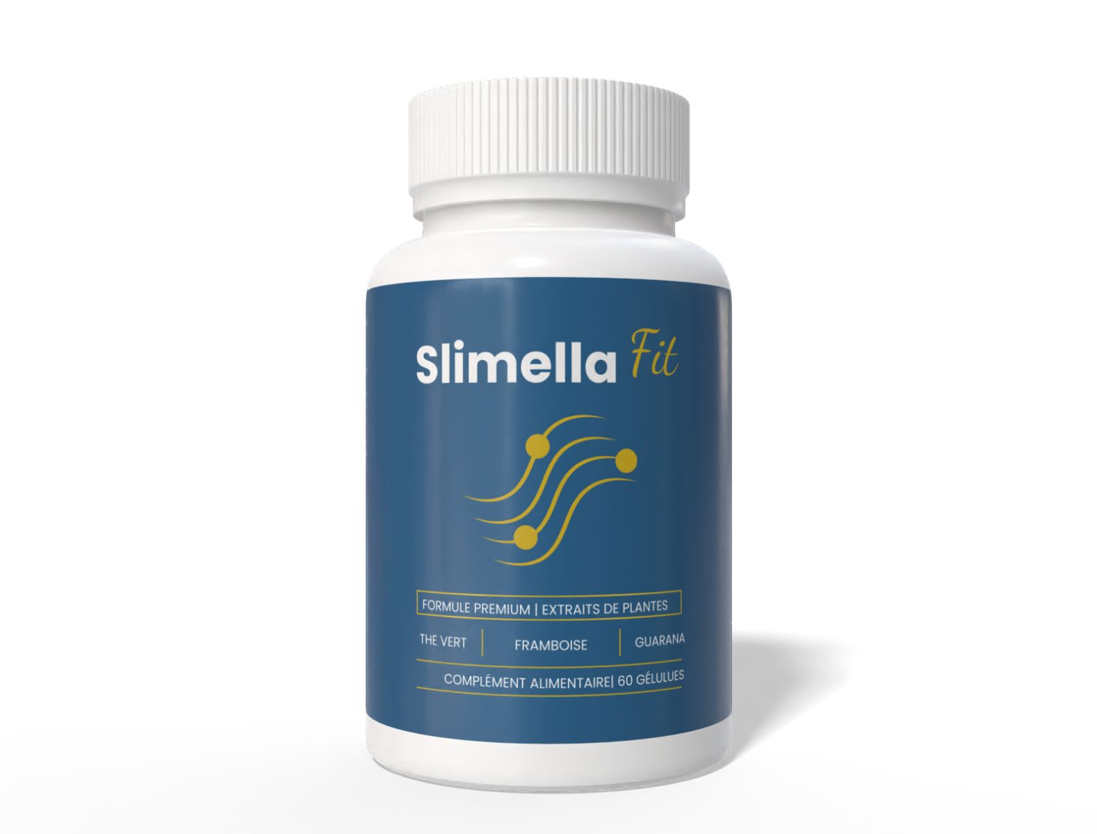 Weiße Flasche mit blauem Etikett. Aufschrift Slimella Fit. Enthält 60 Kapseln. Enthält Grüntee, Himbeere und Guarana.