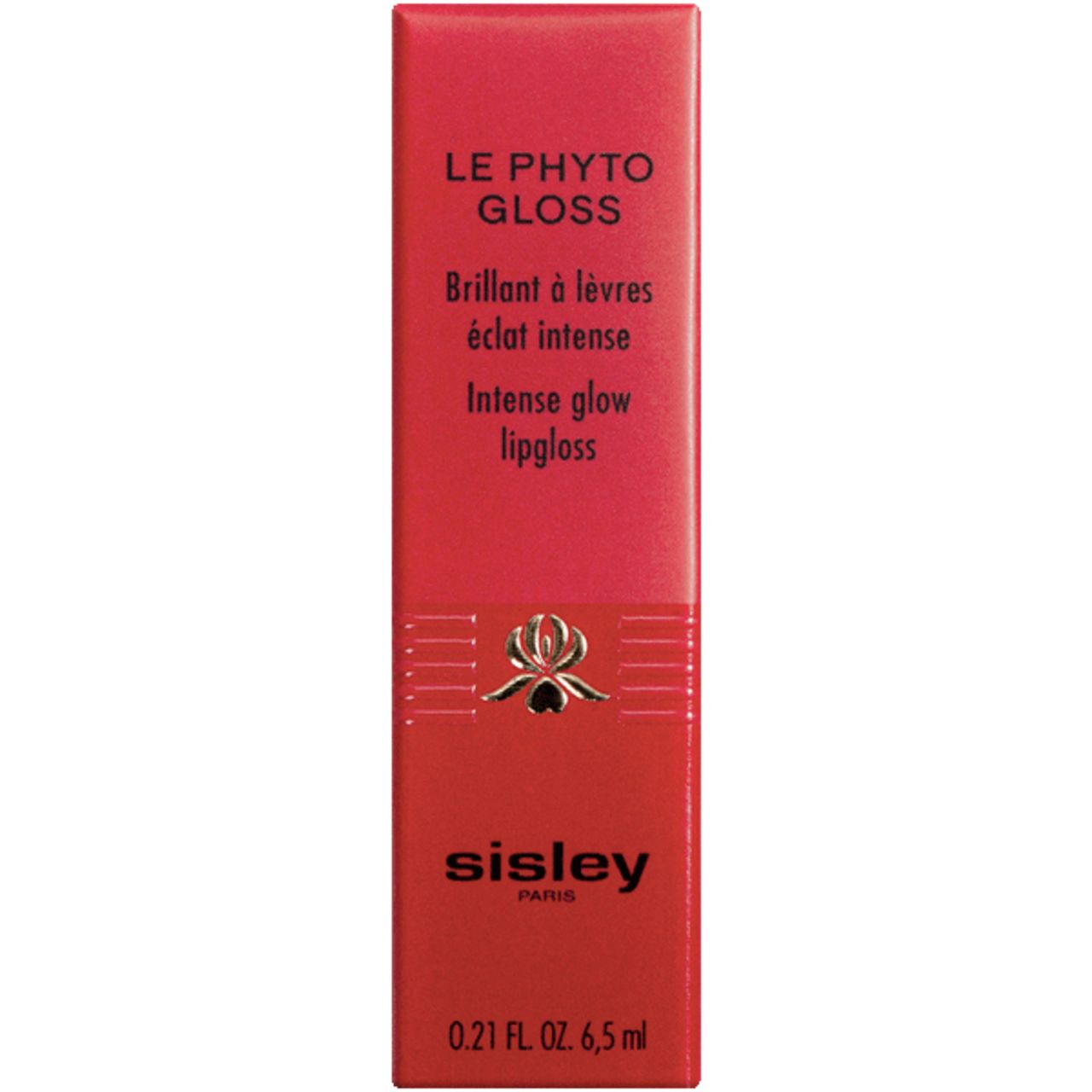 Rote Verpackung mit Produktnamen 'LE PHYTO GLOSS' und 'sisley PARIS'. Enthält Text in Englisch und Französisch.