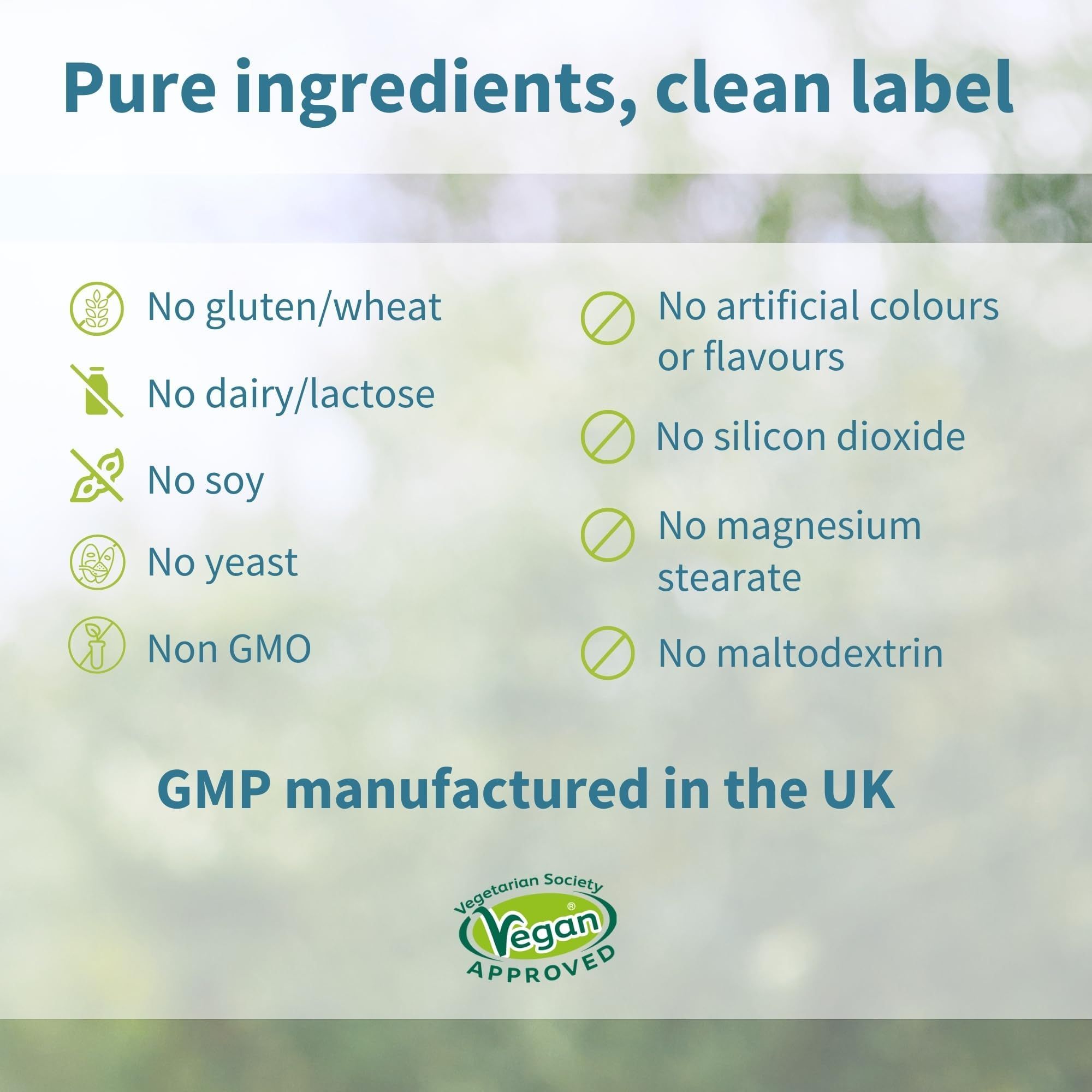 Liste mit Inhaltsstoffen. Ohne Gluten/Weizen, Milch/Laktose, Soja, Hefe, Gentechnik. Vegan Approved.