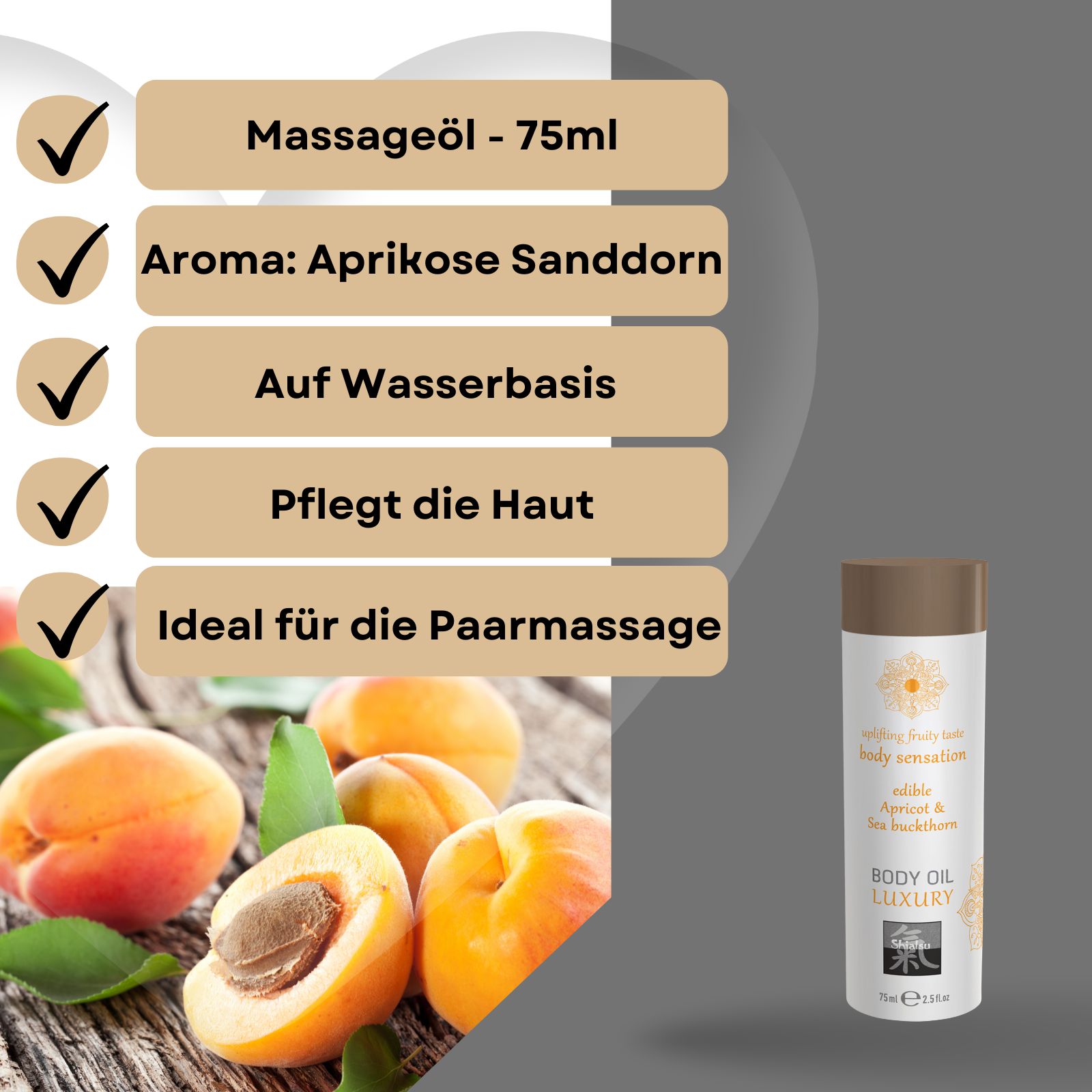 Produkt- und Inhaltsangaben. Massageöl, Aroma Aprikose Sanddorn, auf Wasserbasis, pflegt die Haut, ideal für Paarmassage. Flasche.