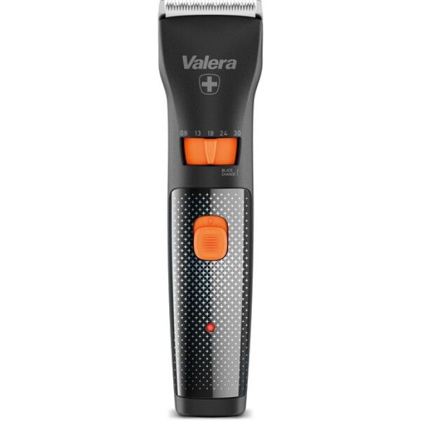 Schwarzer Haarschneider mit orangefarbenen Akzenten. Sichtbar sind das Logo, ein Einstellrad und ein Ein-/Ausschalter. Ein rotes Licht leuchtet.