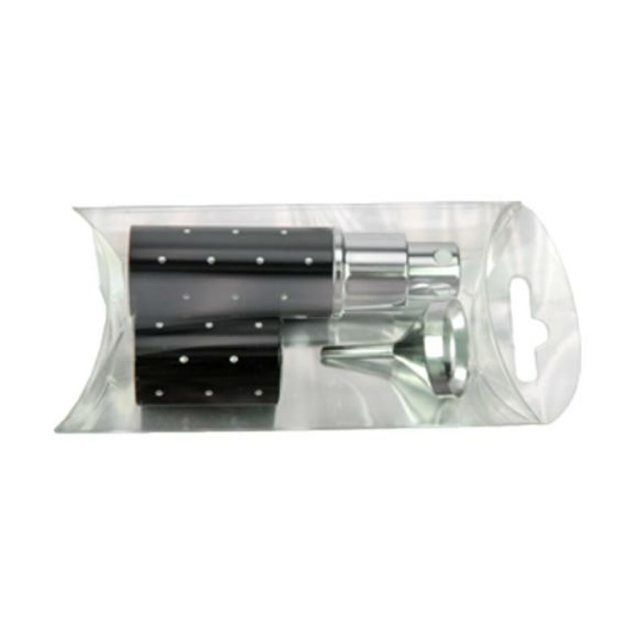 Schwarzer Zerstäuber mit silbernen Elementen und Trichter in Geschenkverpackung. Zylinderförmig, mit weißen Punkten.