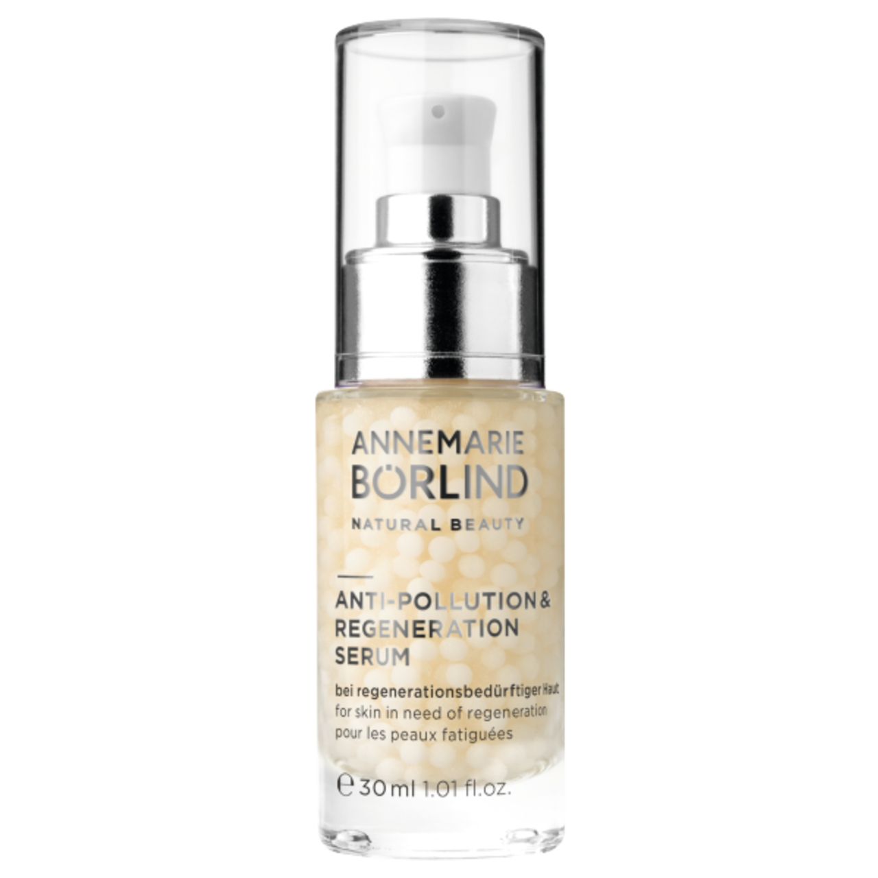 Serumflasche mit Kugelinhalt. Aufschrift: ANTI-POLLUTION & REGENERATION SERUM. 30ml.