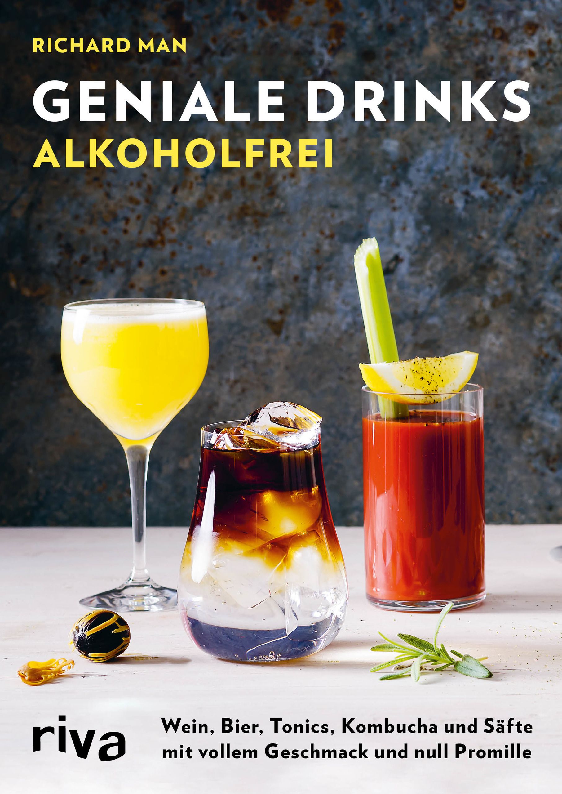 Buchcover mit dem Titel "Geniale Drinks alkoholfrei". Drei Getränke in Gläsern. Riva-Logo unten links.
