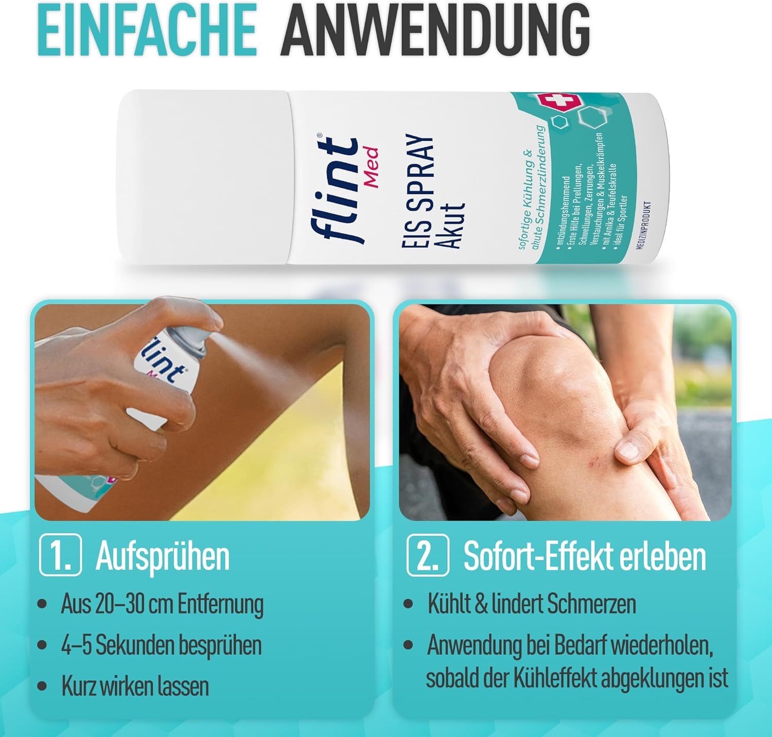 Anwendung: Spray aufsprühen, 4-5 Sekunden besprühen, kurz wirken lassen. Knie mit Spray. Text: Kühlt & lindert Schmerzen. Anwendung wiederholen.