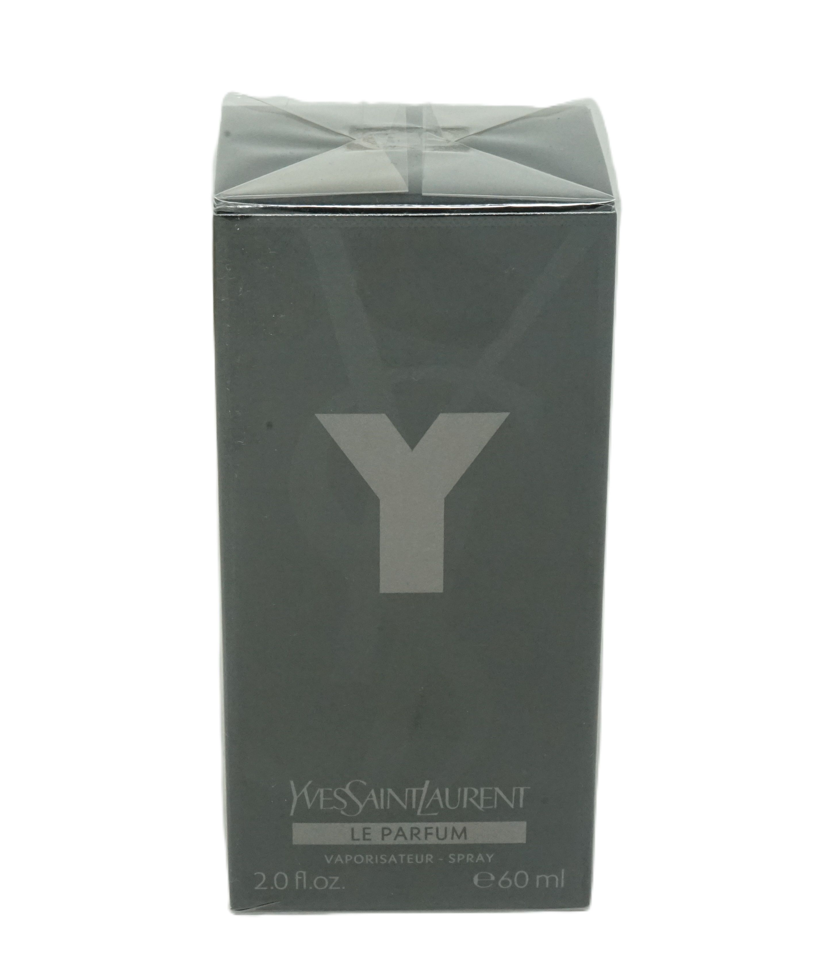 Dunkelgraue Verpackung mit großem 'Y'. 'Yves Saint Laurent Le Parfum' und Volumenangabe. Schwarzer Deckel.