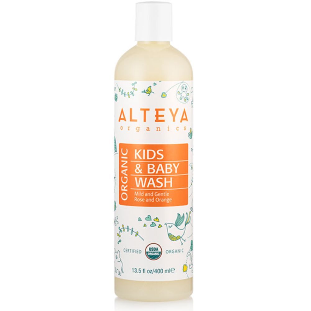 Alteya Organics Kids & Baby Wash. Flasche mit Etikett, USDA-Bio-Zertifizierung. Text: Mild und sanft Rose und Orange.