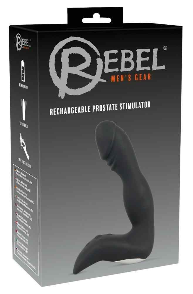 Verpackung des Produkts. Schwarze Box mit Produktabbildung und Text: REBEL MEN'S GEAR, Rechargeable Prostate Stimulator.