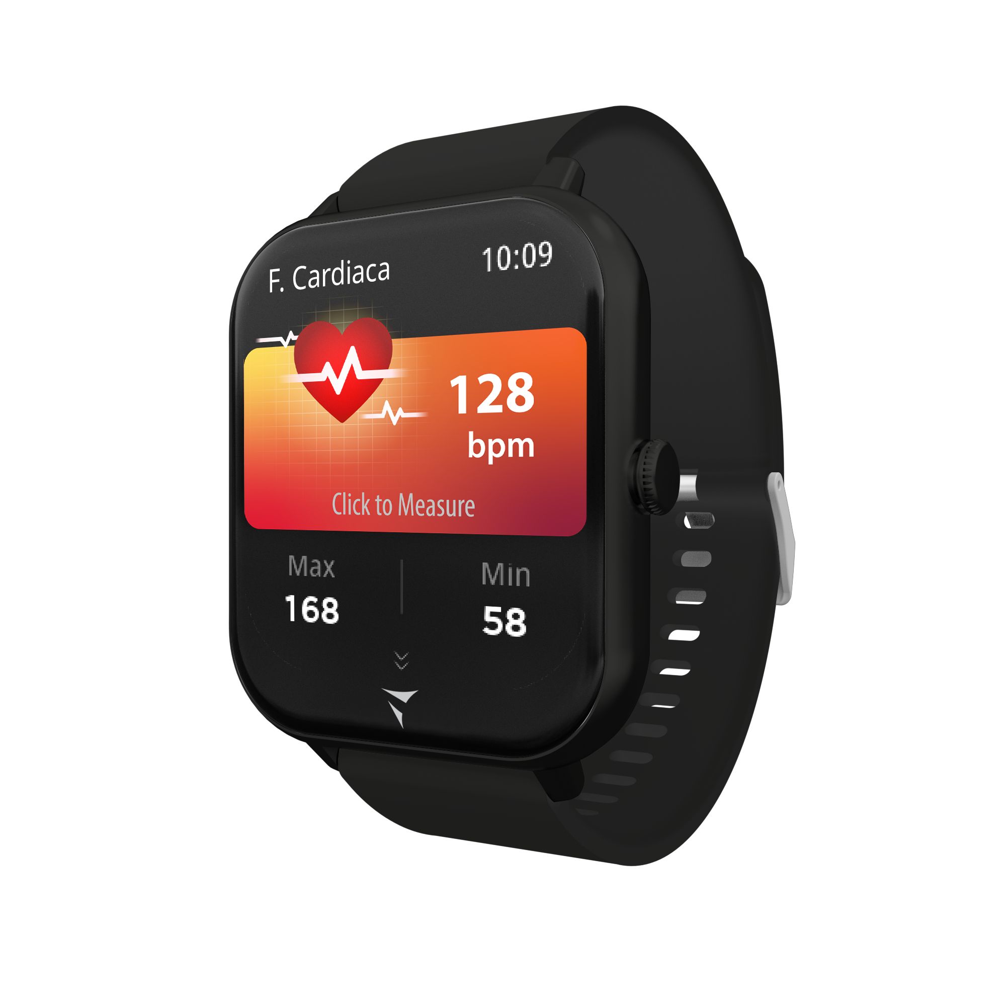 Lo smartwatch Techmade Vision Revolution mostra la frequenza cardiaca sullo schermo nero. Lo schermo mostra la frequenza cardiaca in battiti al minuto. L'orologio ha un cinturino nero e un pulsante laterale.