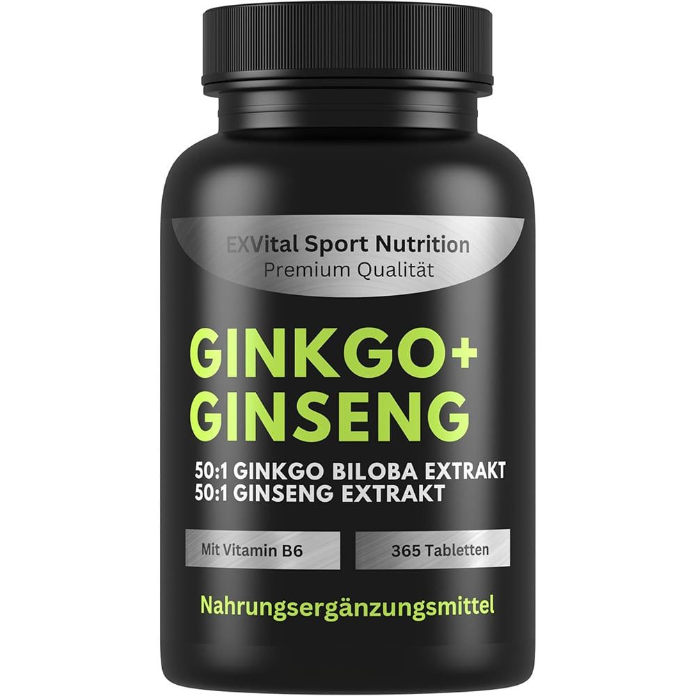 Schwarze Flasche mit EXVital Ginkgo+Ginseng Tabletten. Aufschrift: 365 Tabletten, Nahrungsergänzungsmittel.