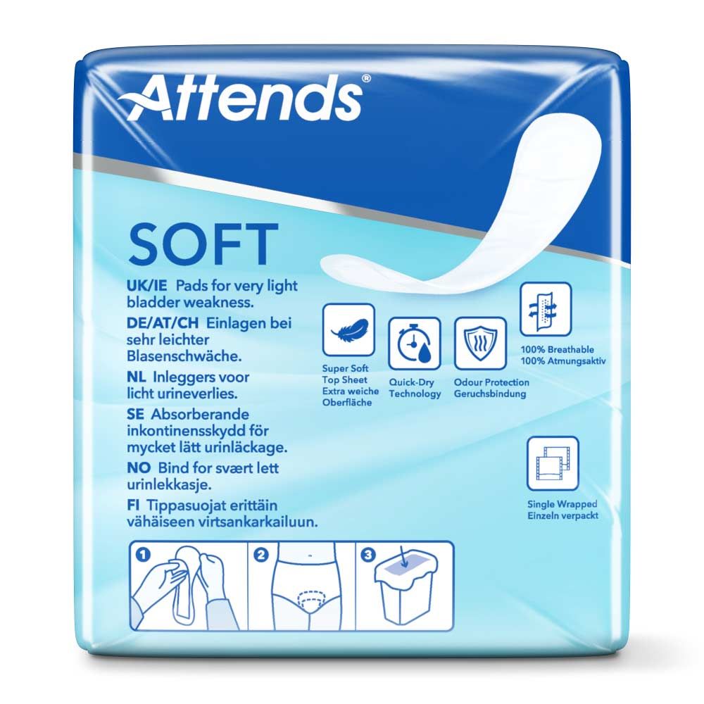 Attends Soft Inkontinenzvorlage. Rückseite der Verpackung. Text: UK/IE Pads for very light bladder weakness. Einzeln verpackt.