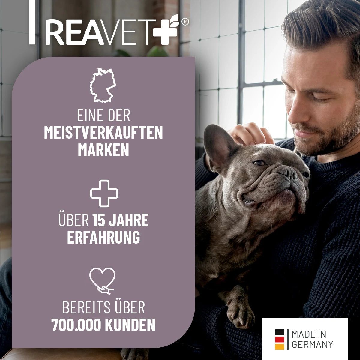 Mann hält Hund. Text: ReaVET. Eine der meistverkauften Marken. Über 15 Jahre Erfahrung. Bereits über 700.000 Kunden. Made in Germany.