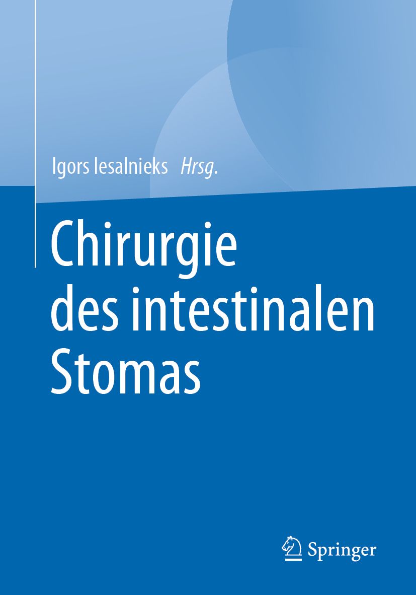 Buchcover: Chirurgie des intestinalen Stomas. Autor: Igors lesalnieks. Verlag: Springer. Blauer Hintergrund mit weißer Schrift.