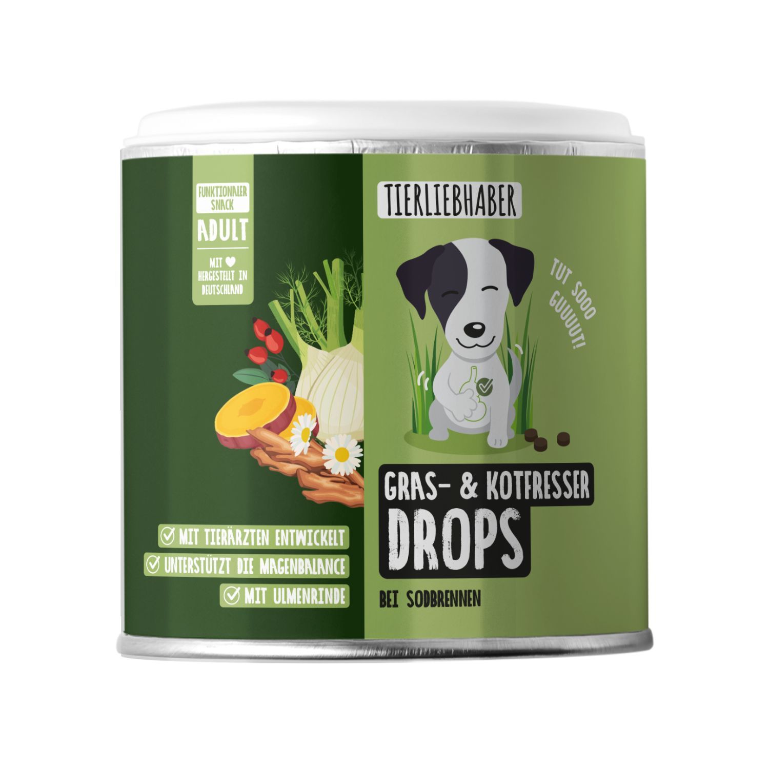 Grüne Dose mit Hundekeksen. Beschriftung: Tierliebhaber Gras- & Kotfresser Drops.