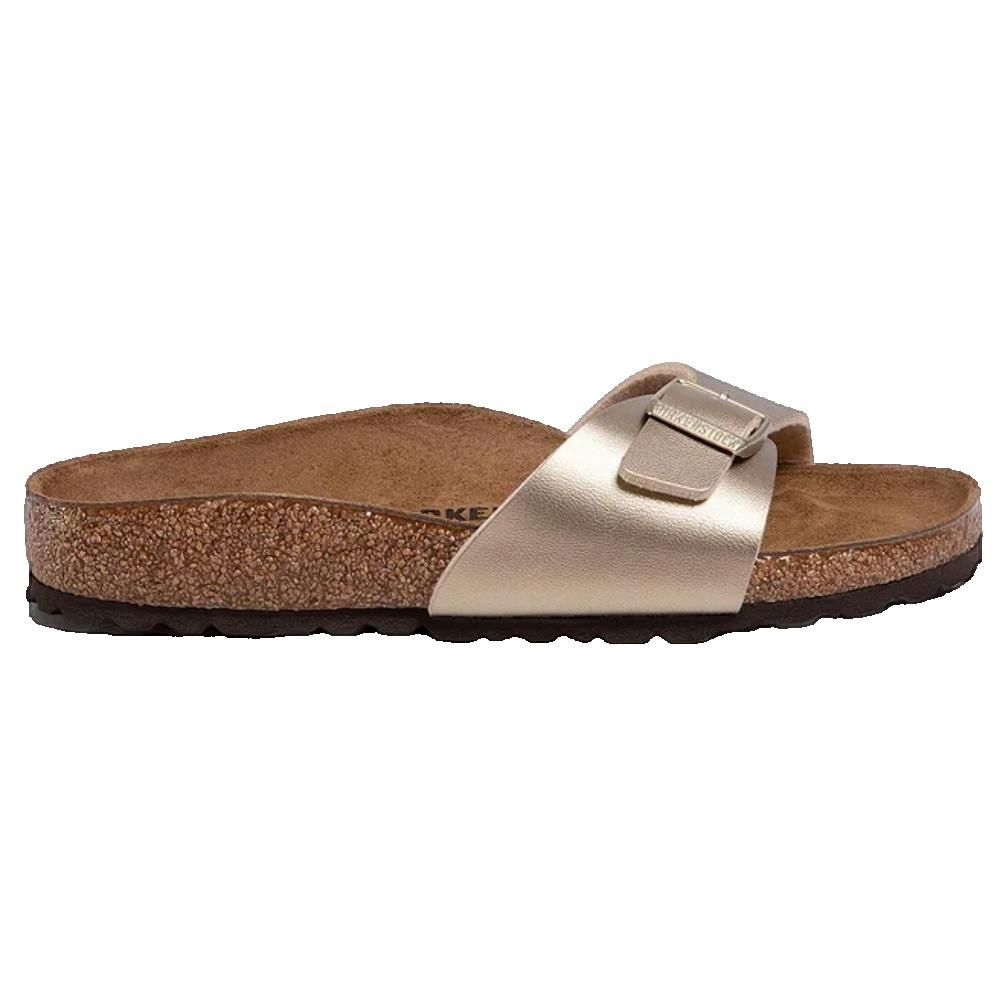 Sandalo dorato con fibbia. Plantare in sughero, suola marrone. Birkenstock Madrid Bs stretta.