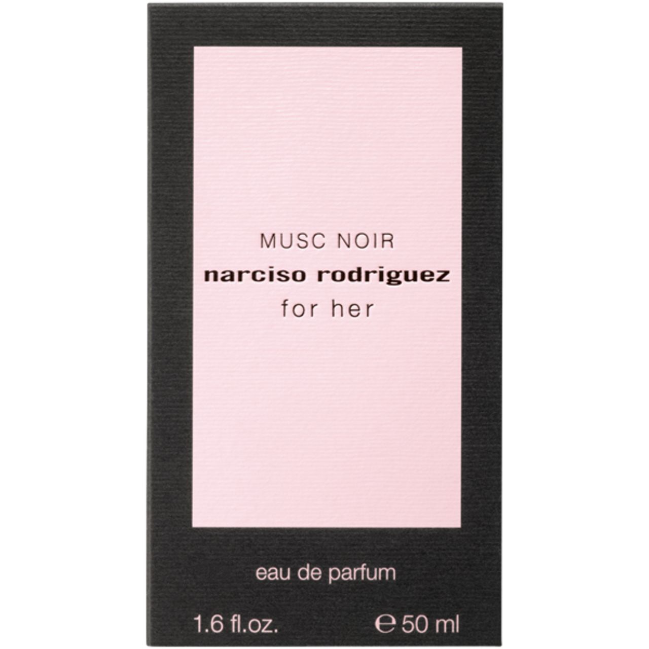 Verpackung von Narciso Rodriguez Musc Noir for Her. Schwarze Schachtel mit rosa Feld und Text. 1.6 fl.oz. und e 50 ml.