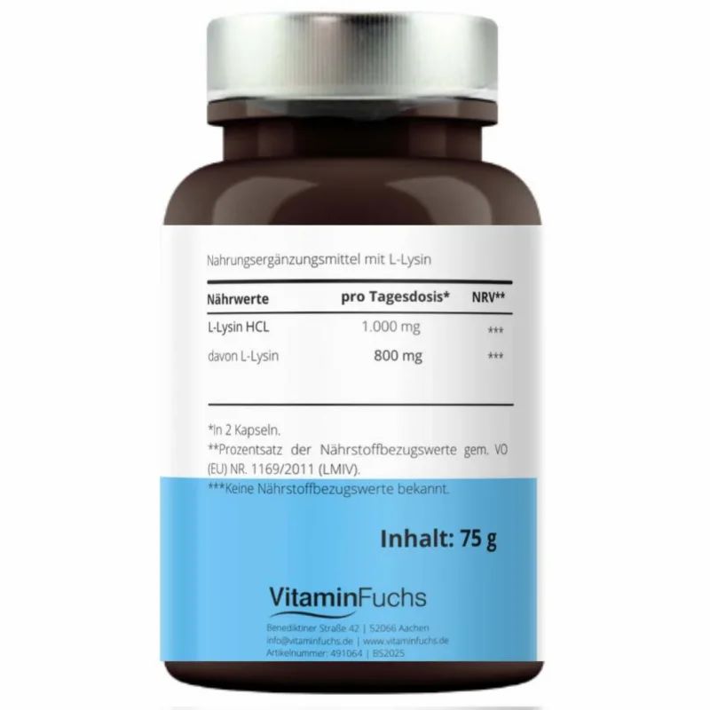 Rückseite der Flasche. Etikett mit Nährwertangaben, "VitaminFuchs" Logo und Inhaltsangabe: 75 g.